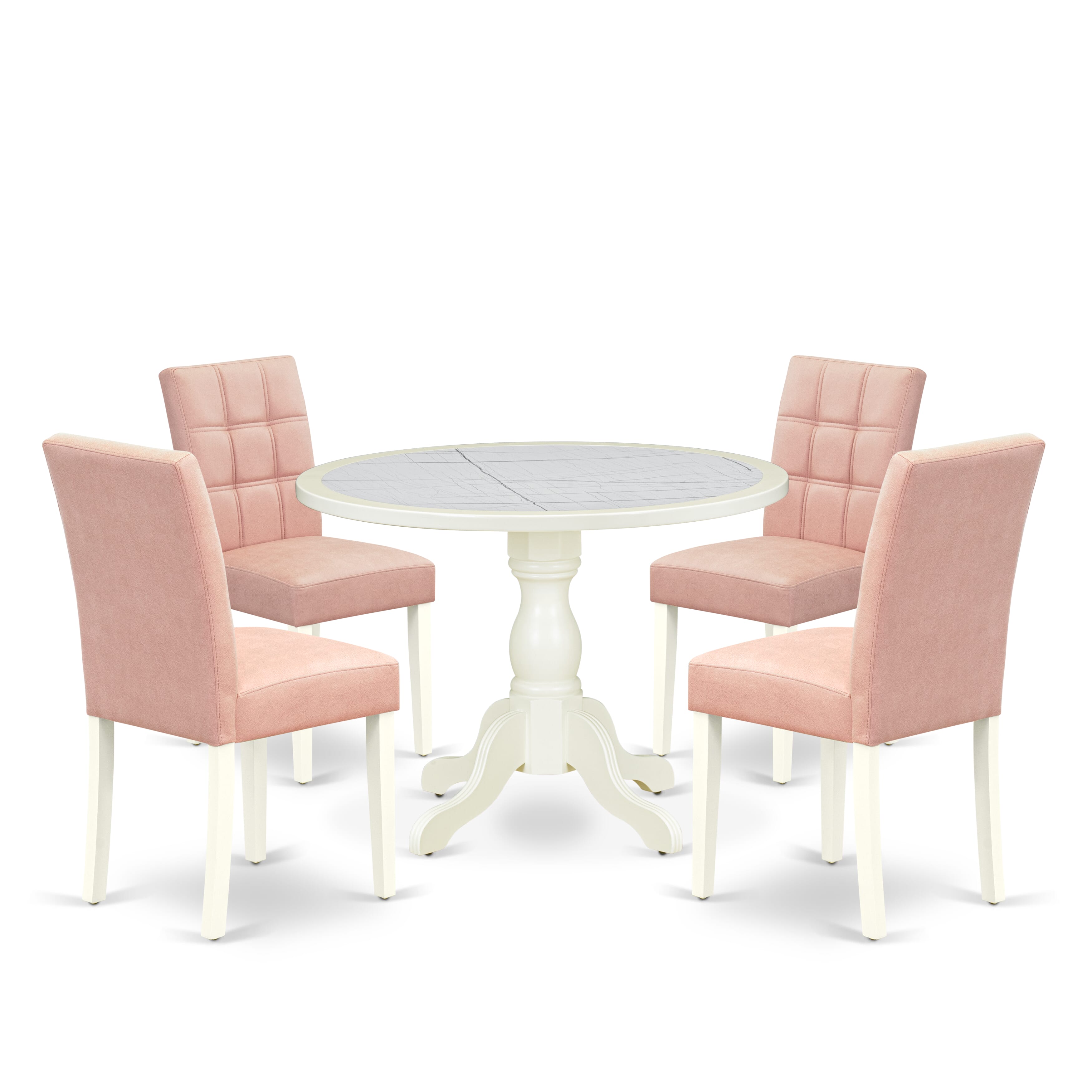 Luxe by East West Furniture 42AS5-208-42 -5 pc Mid-century Modern Dining Table Set consists of a Round Table and 4 Beige Red Faux Leather Modern Chair with Stylish Back - Linen White