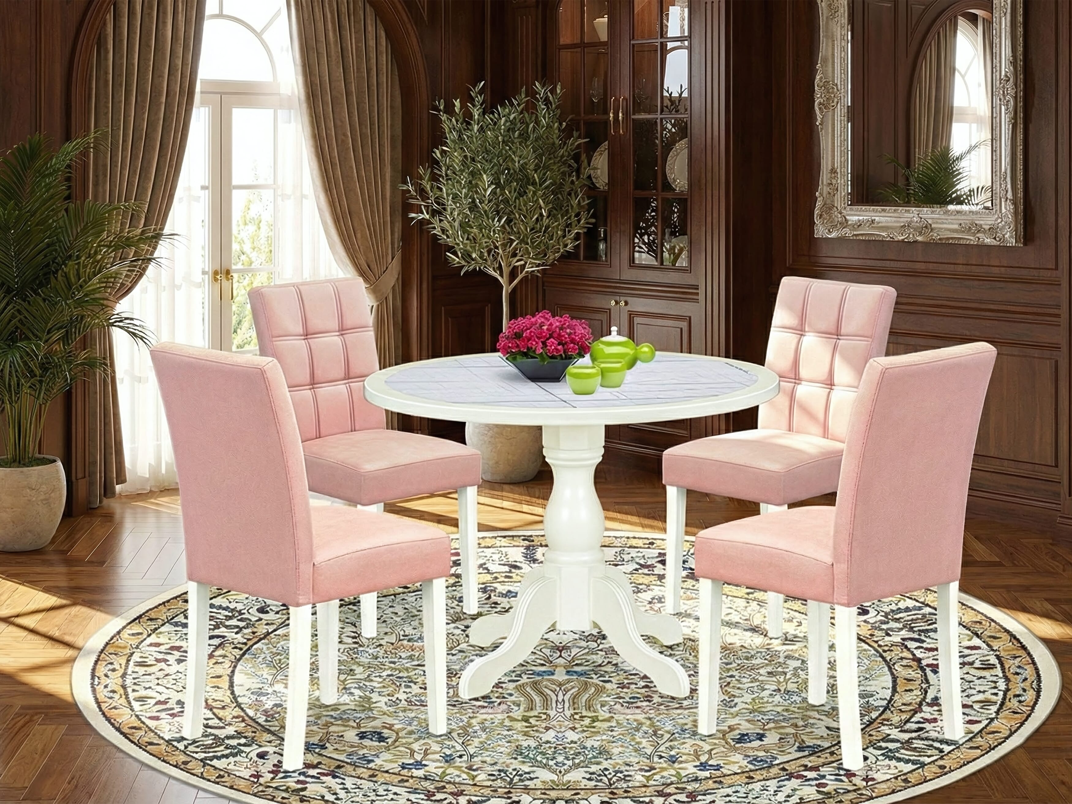Luxe by East West Furniture 42AS5-208-42 -5 pc Mid-century Modern Dining Table Set consists of a Round Table and 4 Beige Red Faux Leather Modern Chair with Stylish Back - Linen White