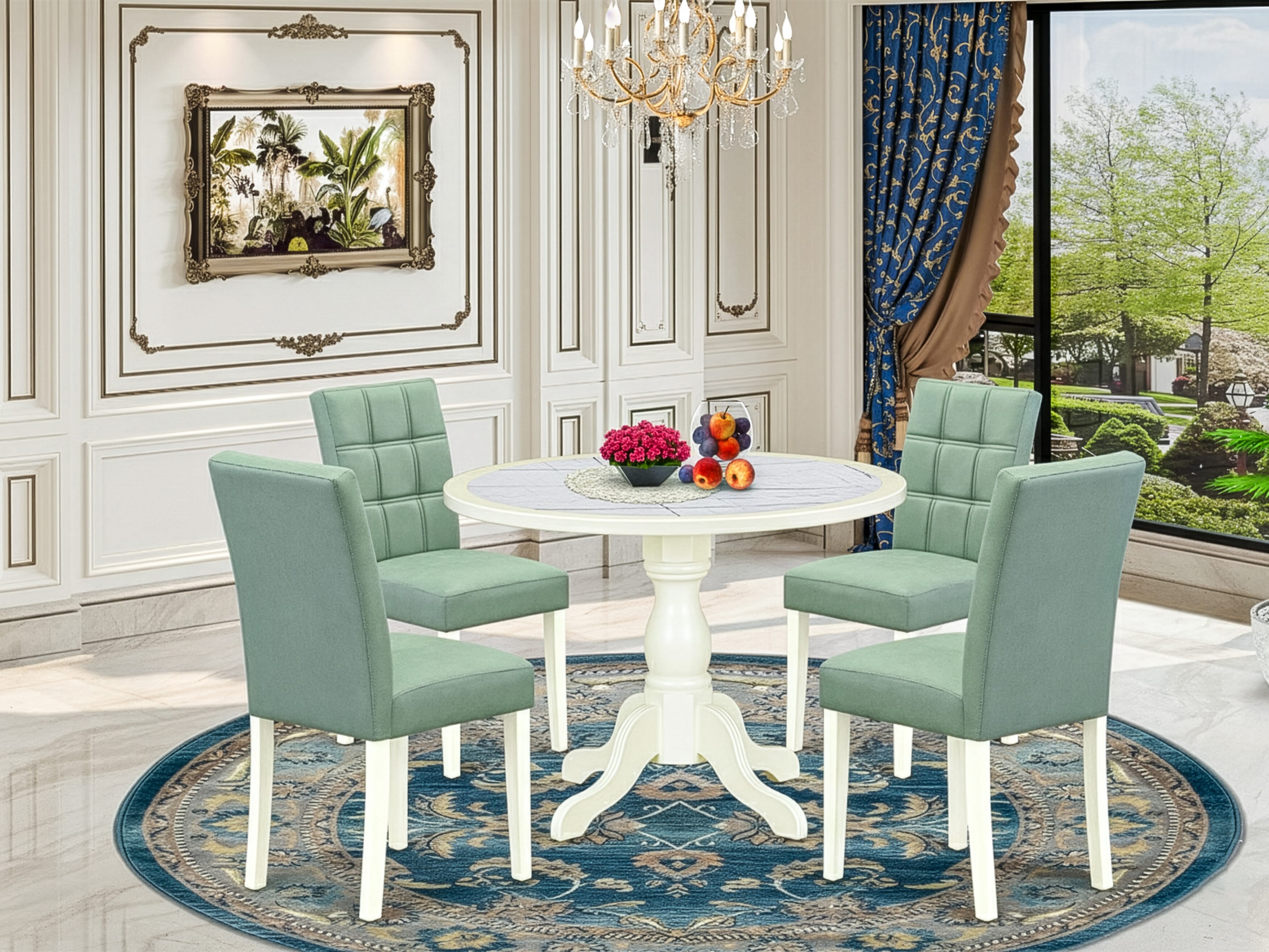 Luxe by East West Furniture 42AS5-208-43 -5 pc Dinette Set Includes a Round Table and 4 Willow Green Faux Leather Dining Chairs with Stylish Back - Linen White