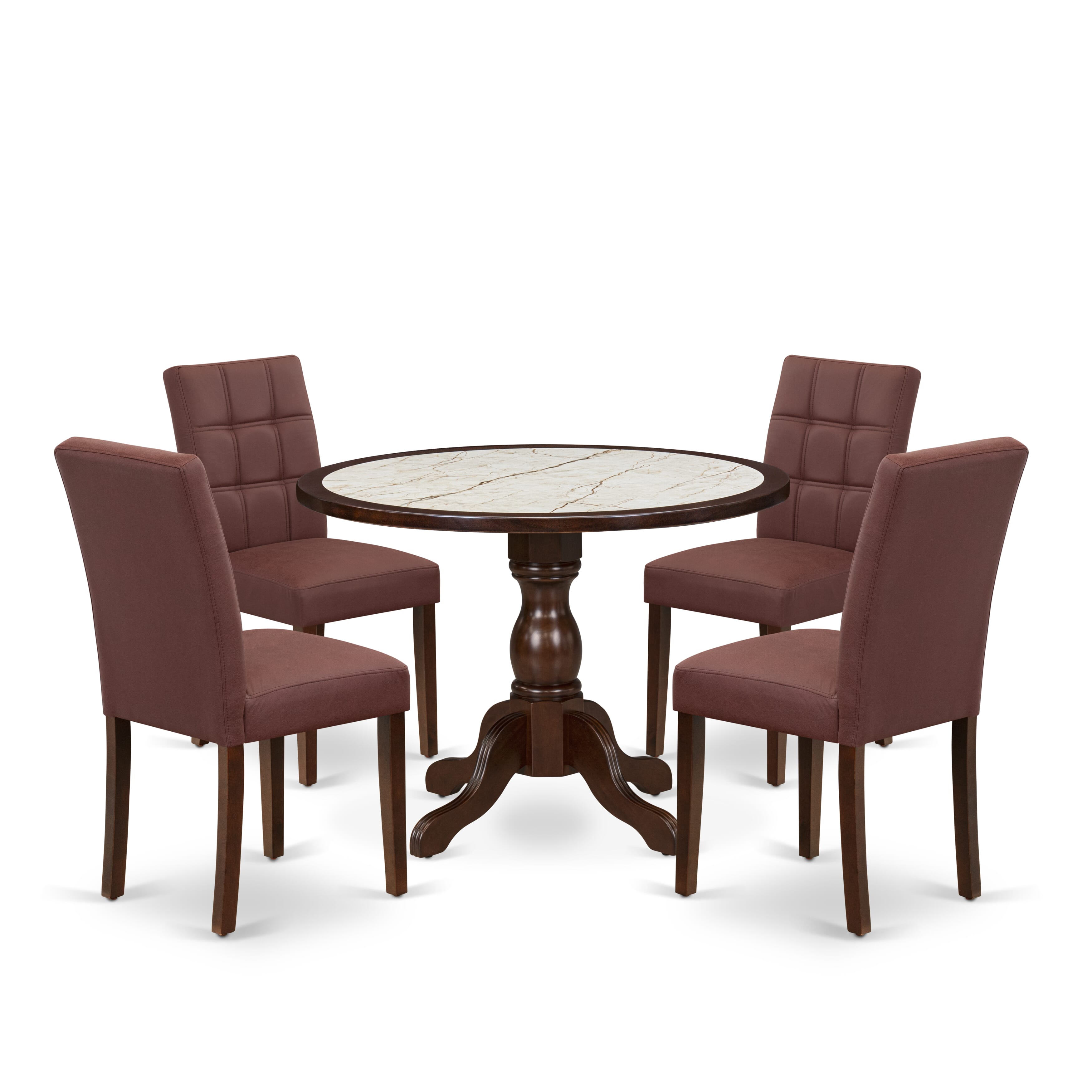 Luxe by East West Furniture 42AS5-307-26 5-Piece Dining Set includes a pedestal table and 4 Stylish Back Parsons chairs with Burgundy linen fabric, Mahogany finish.