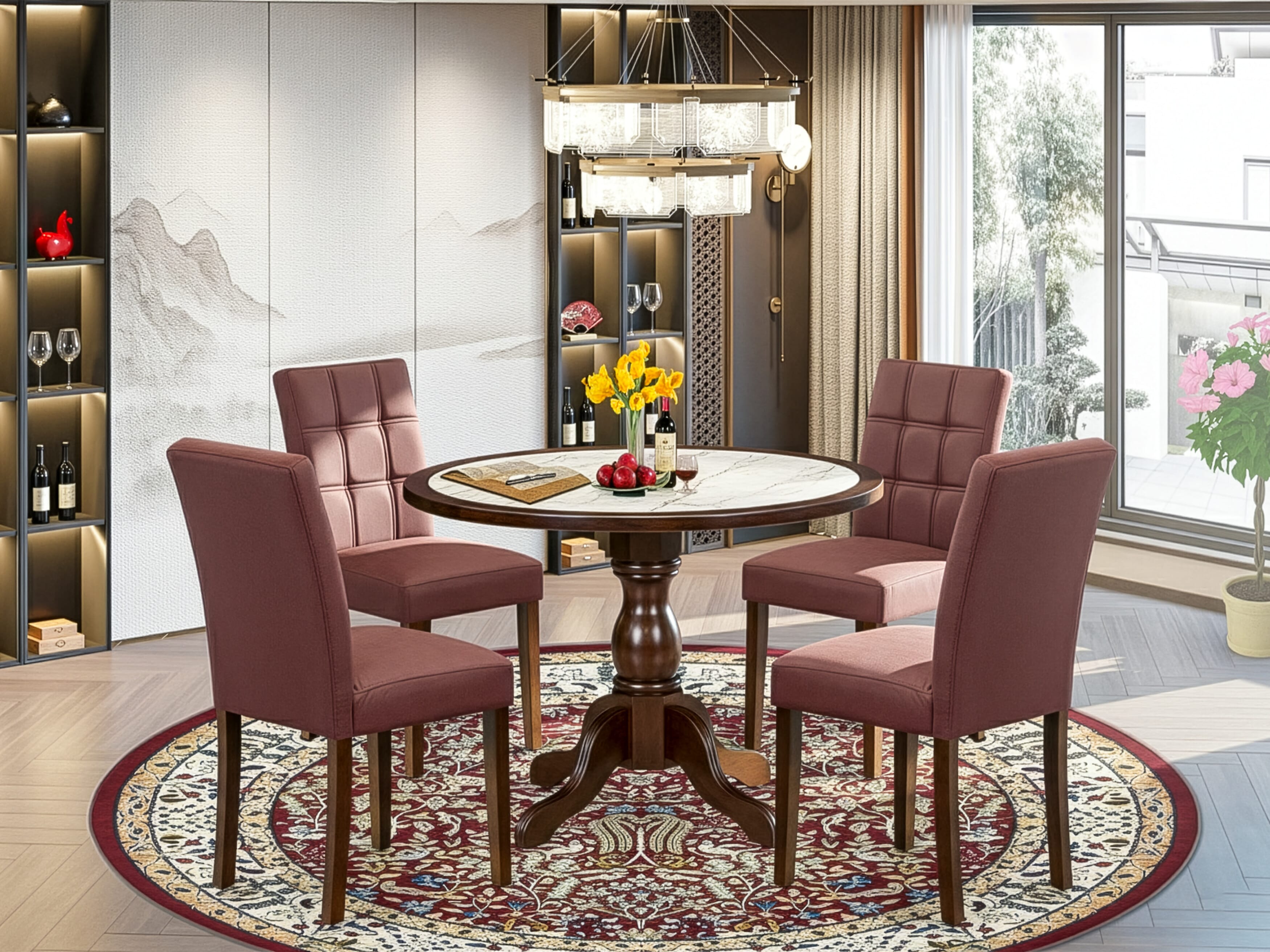 Luxe by East West Furniture 42AS5-307-26 5-Piece Dining Set includes a pedestal table and 4 Stylish Back Parsons chairs with Burgundy linen fabric, Mahogany finish.