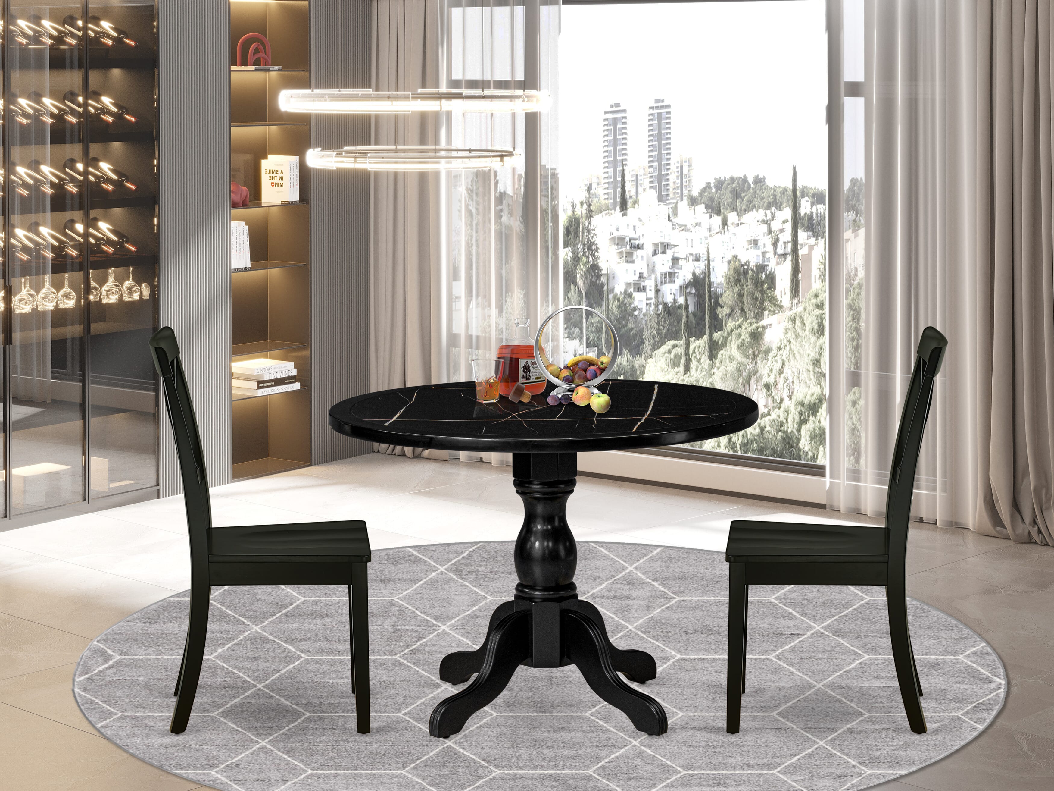 Luxe by East West Furniture 42BO3-103-W -3 pc Dining Room Set consists of a Round Table and 2 Wooden Mid Century Modern Chair with X-Back - Wire brushed Black