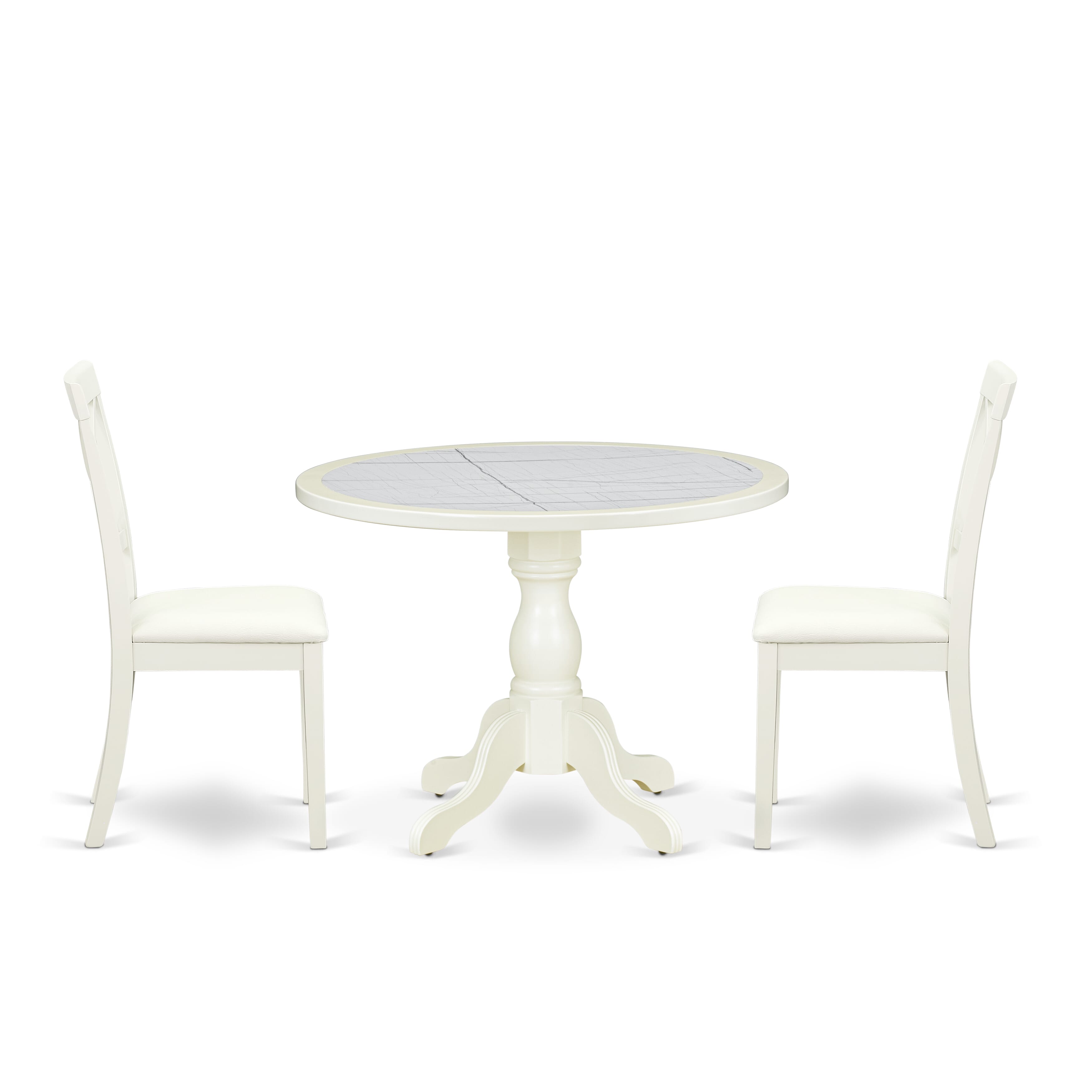 Luxe by East West Furniture 42BO3-208-LC -3 pc Dining Room Table Set consists of a Round Table and 2 Faux Leather Mid Century Chair with X-Back - Linen White