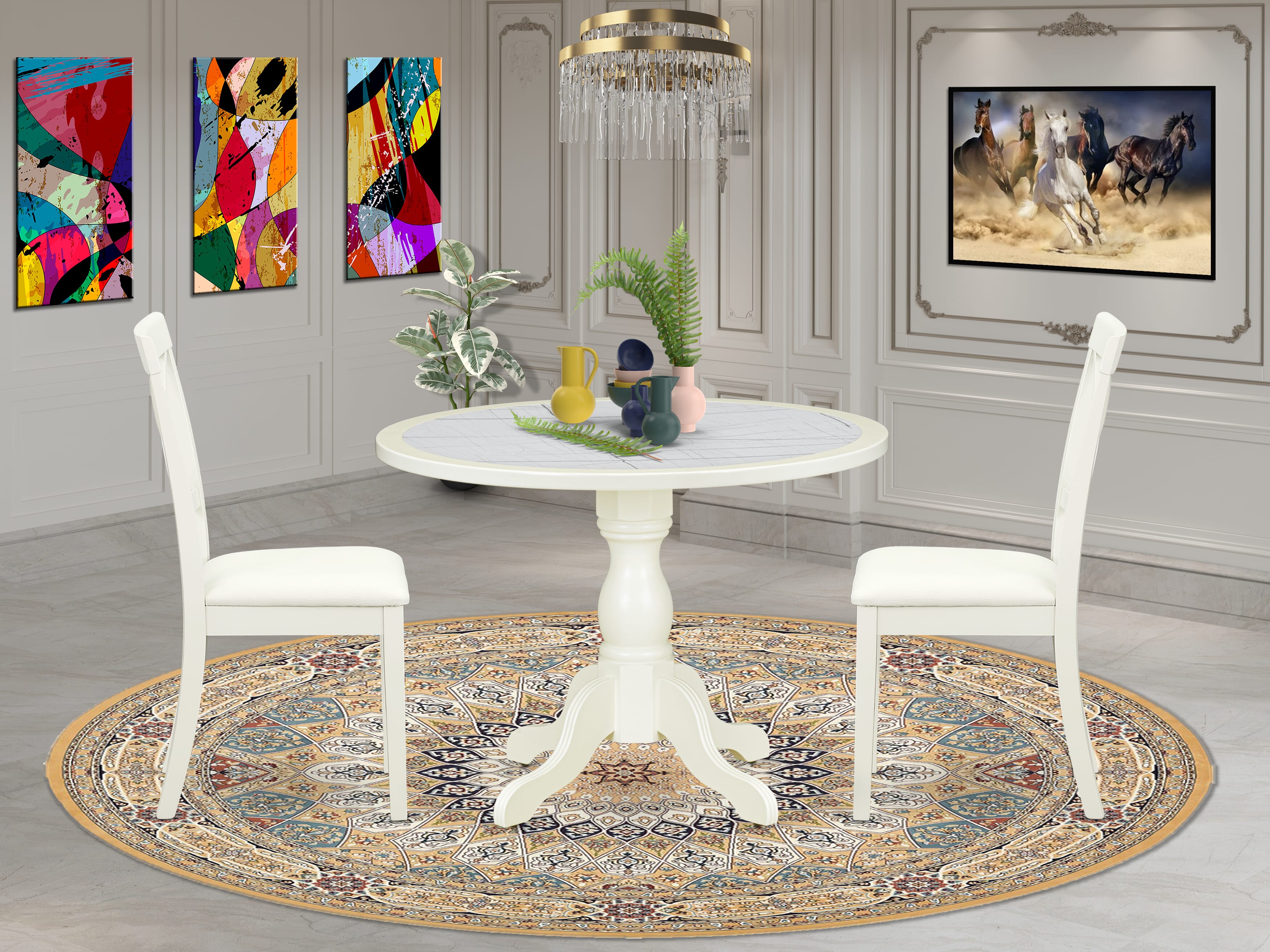 Luxe by East West Furniture 42BO3-208-LC -3 pc Dining Room Table Set consists of a Round Table and 2 Faux Leather Mid Century Chair with X-Back - Linen White