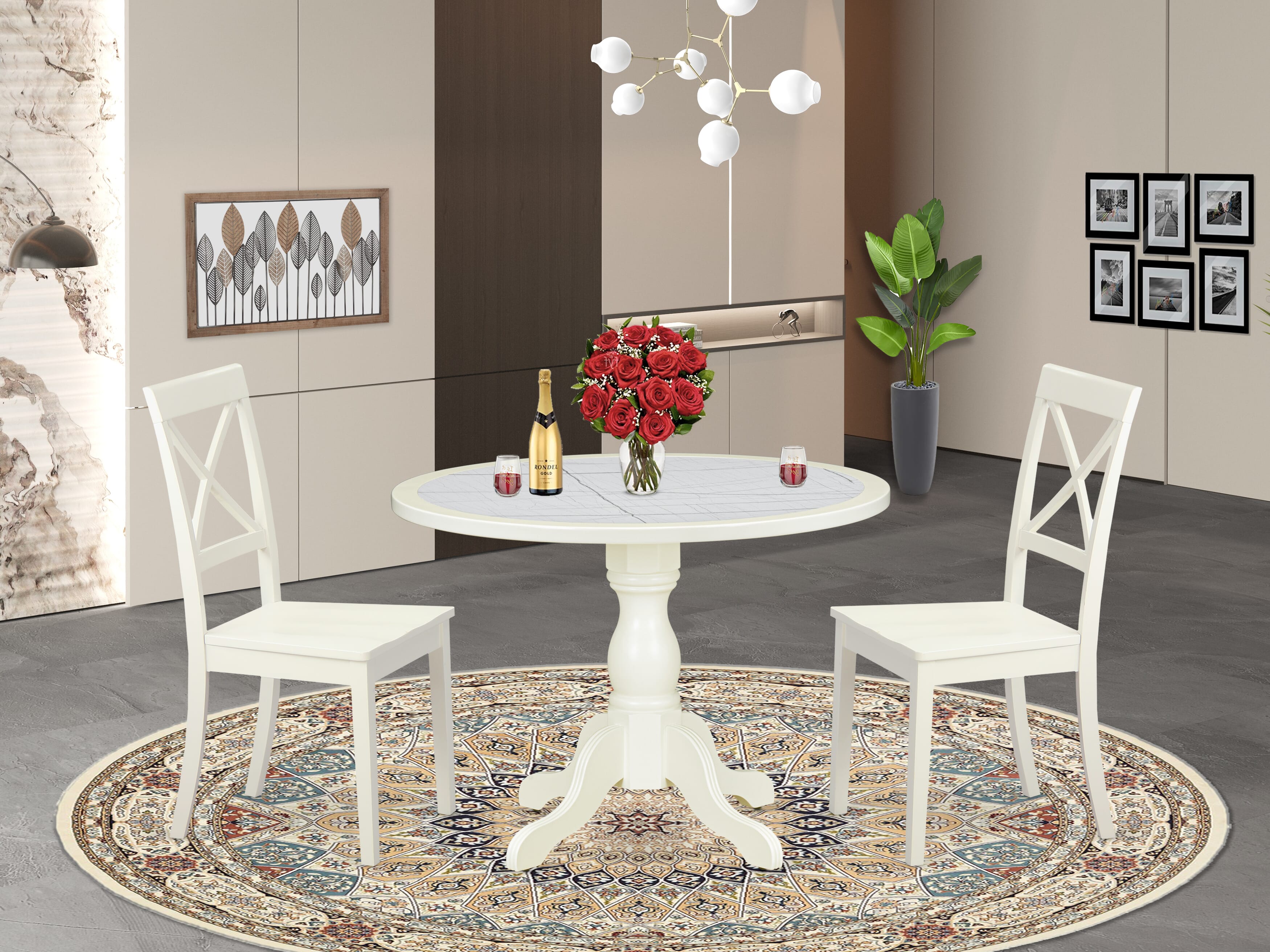 Luxe by East West Furniture 42BO3-208-W -3 pc Kitchen Table Set Includes a Round Table and 2 Wooden Mid Century Dining Chairs with X-Back - Linen White