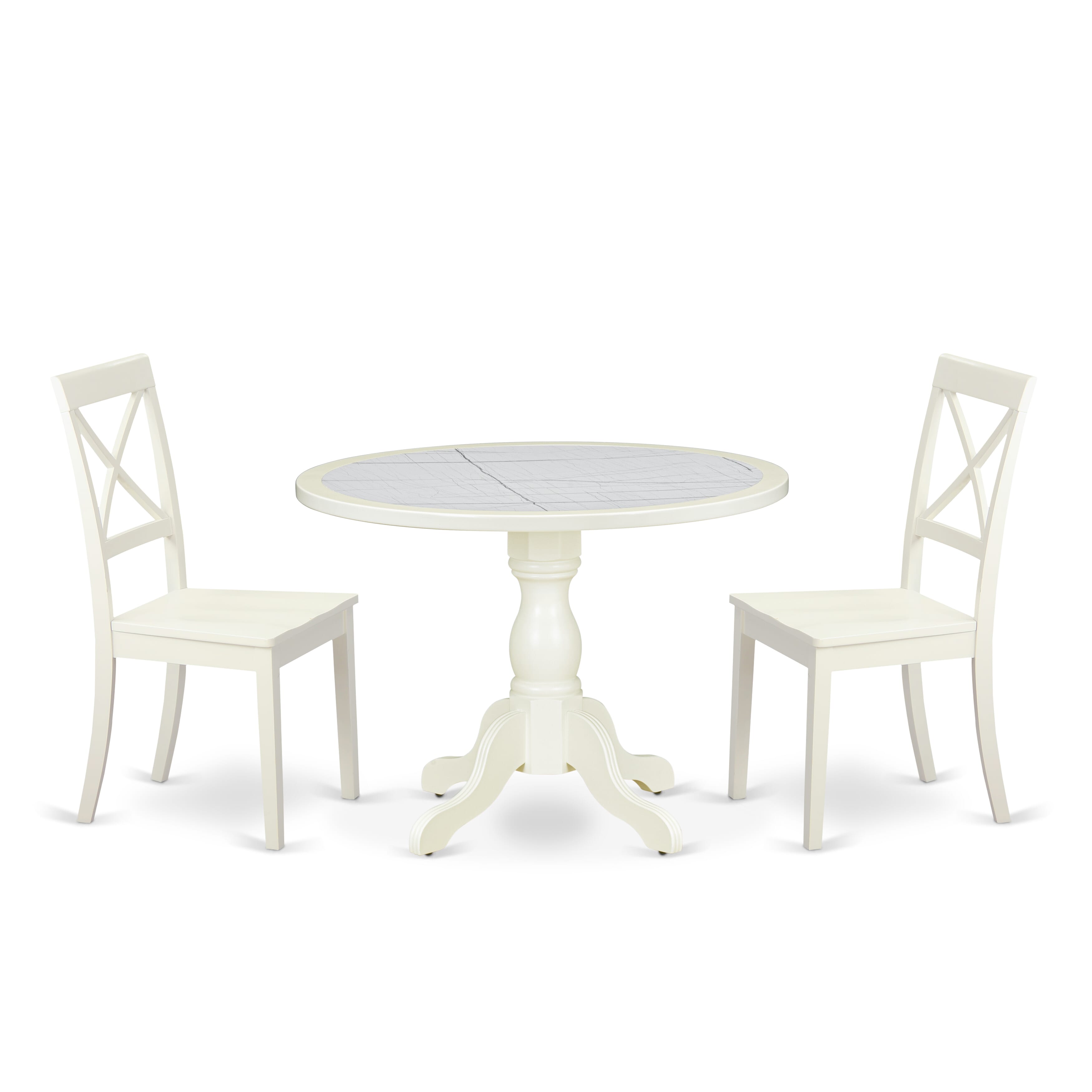 Luxe by East West Furniture 42BO3-208-W -3 pc Kitchen Table Set Includes a Round Table and 2 Wooden Mid Century Dining Chairs with X-Back - Linen White