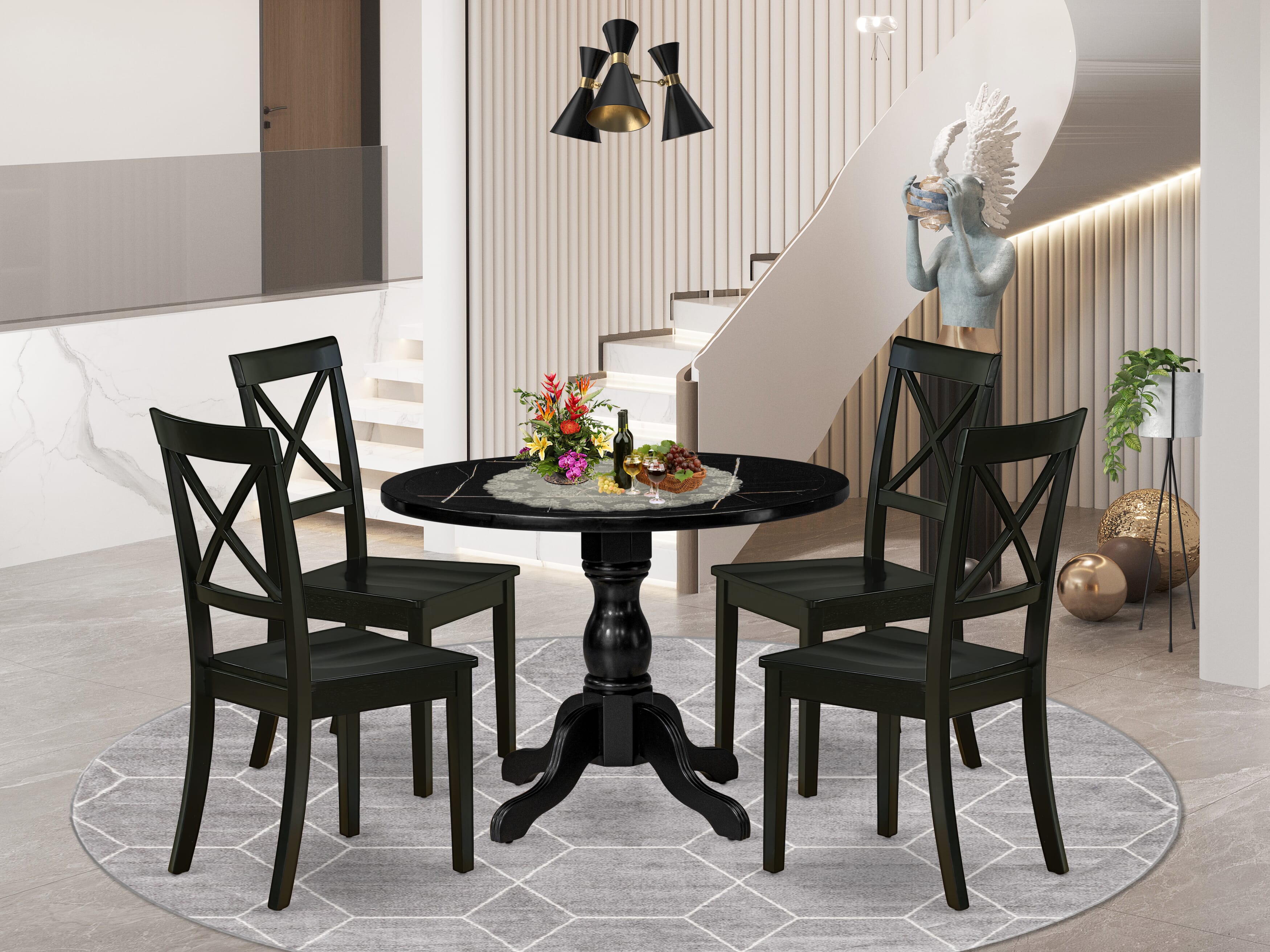 Luxe by East West Furniture 42BO5-103-W -5 pc Table Set contains a Round Table and 4 Wooden Mid Century Modern Dining Chairs with X-Back - Wire brushed Black