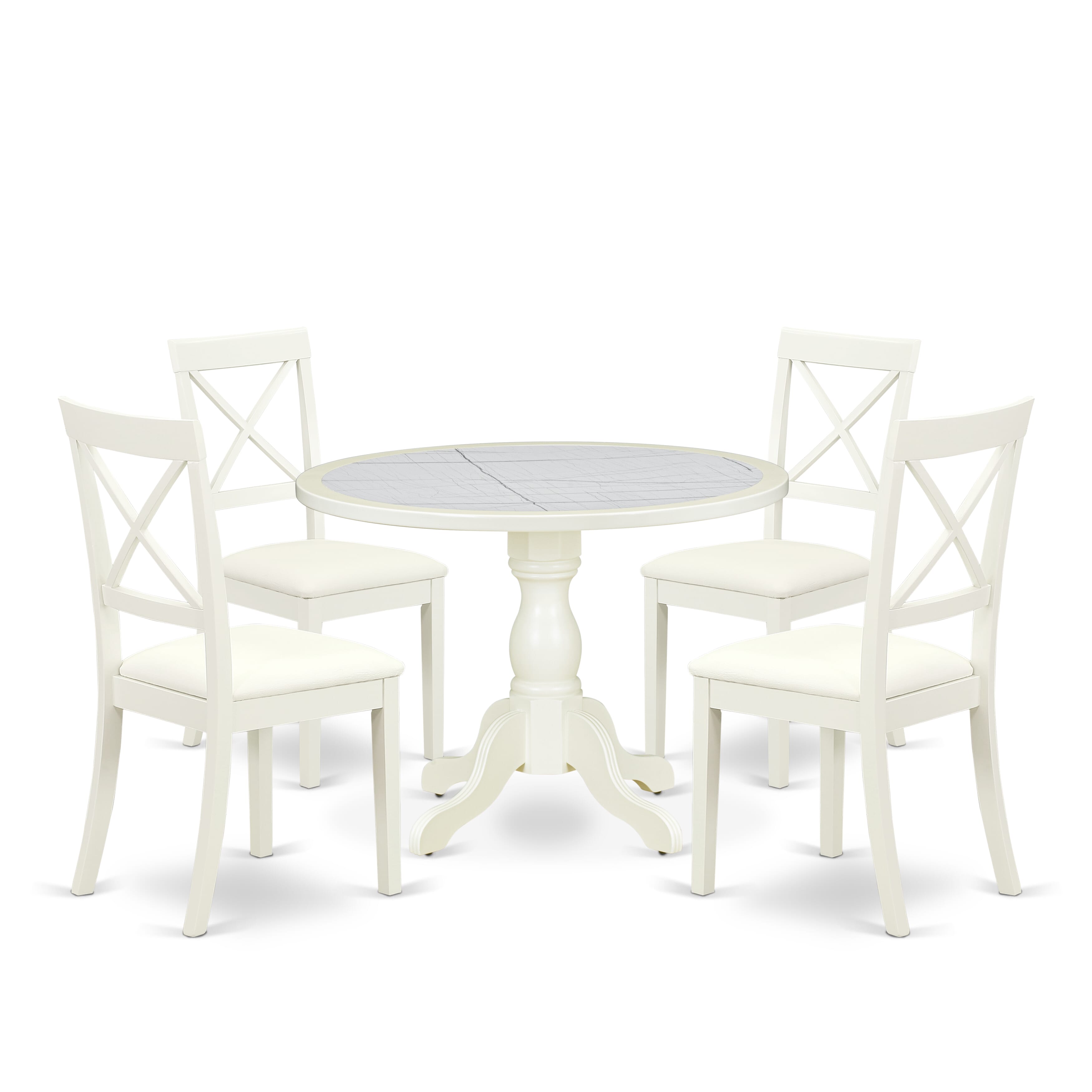 Luxe by East West Furniture 42BO5-208-LC -5 pc Dining Table Set contains a Round Table and 4 Faux Leather Kitchen Chair with X-Back - Linen White