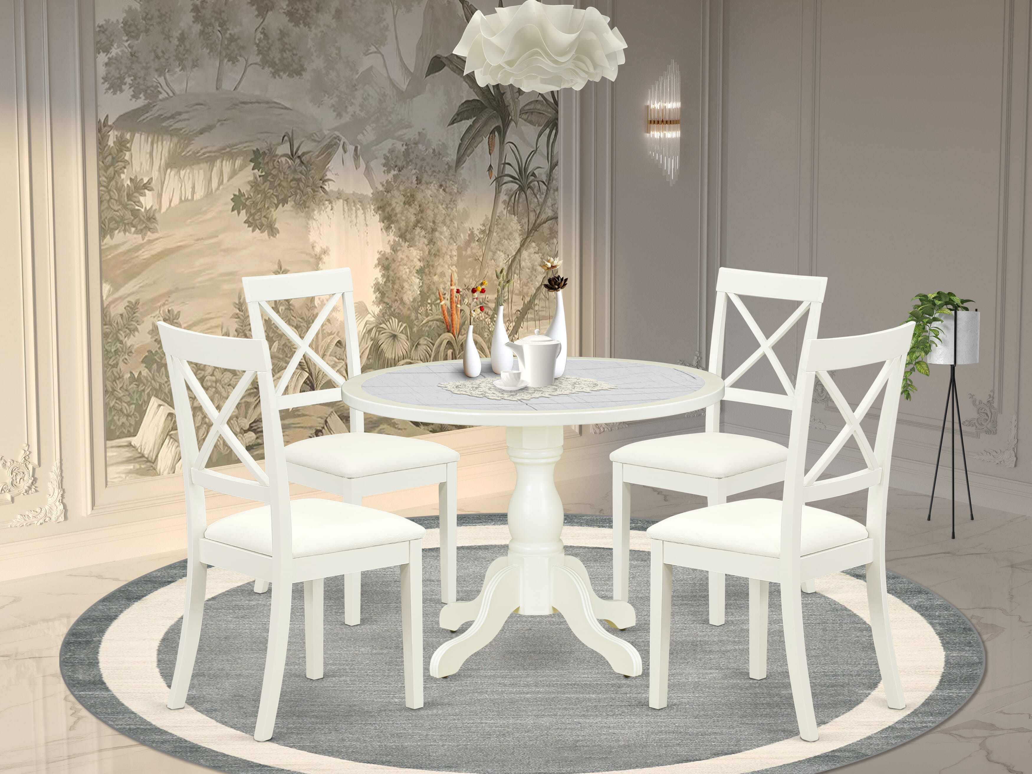 Luxe by East West Furniture 42BO5-208-LC -5 pc Dining Table Set contains a Round Table and 4 Faux Leather Kitchen Chair with X-Back - Linen White