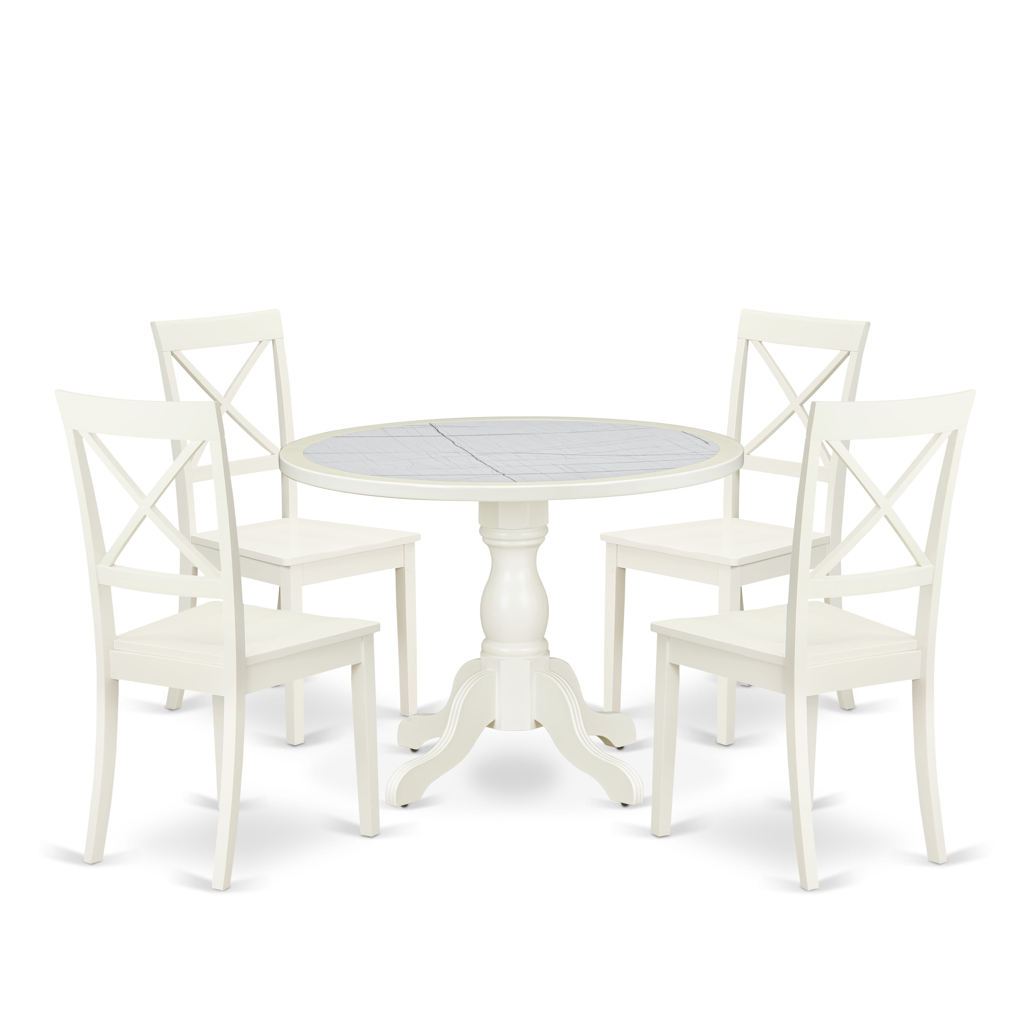 Luxe by East West Furniture 42BO5-208-W -5 pc Dining Set consists of a Round Table and 4 Wooden Dinning Chair with X-Back - Linen White