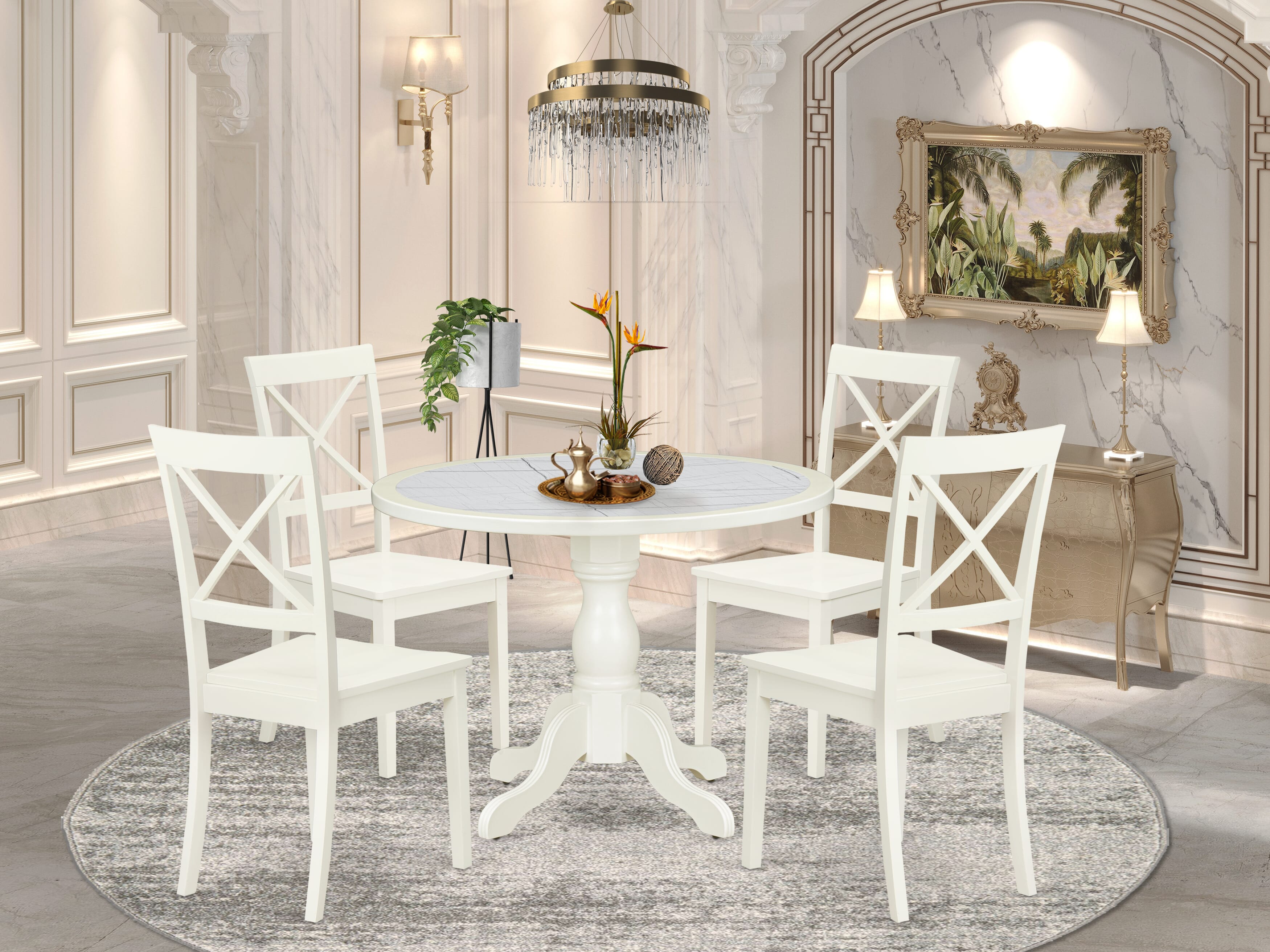 Luxe by East West Furniture 42BO5-208-W -5 pc Dining Set consists of a Round Table and 4 Wooden Dinning Chair with X-Back - Linen White