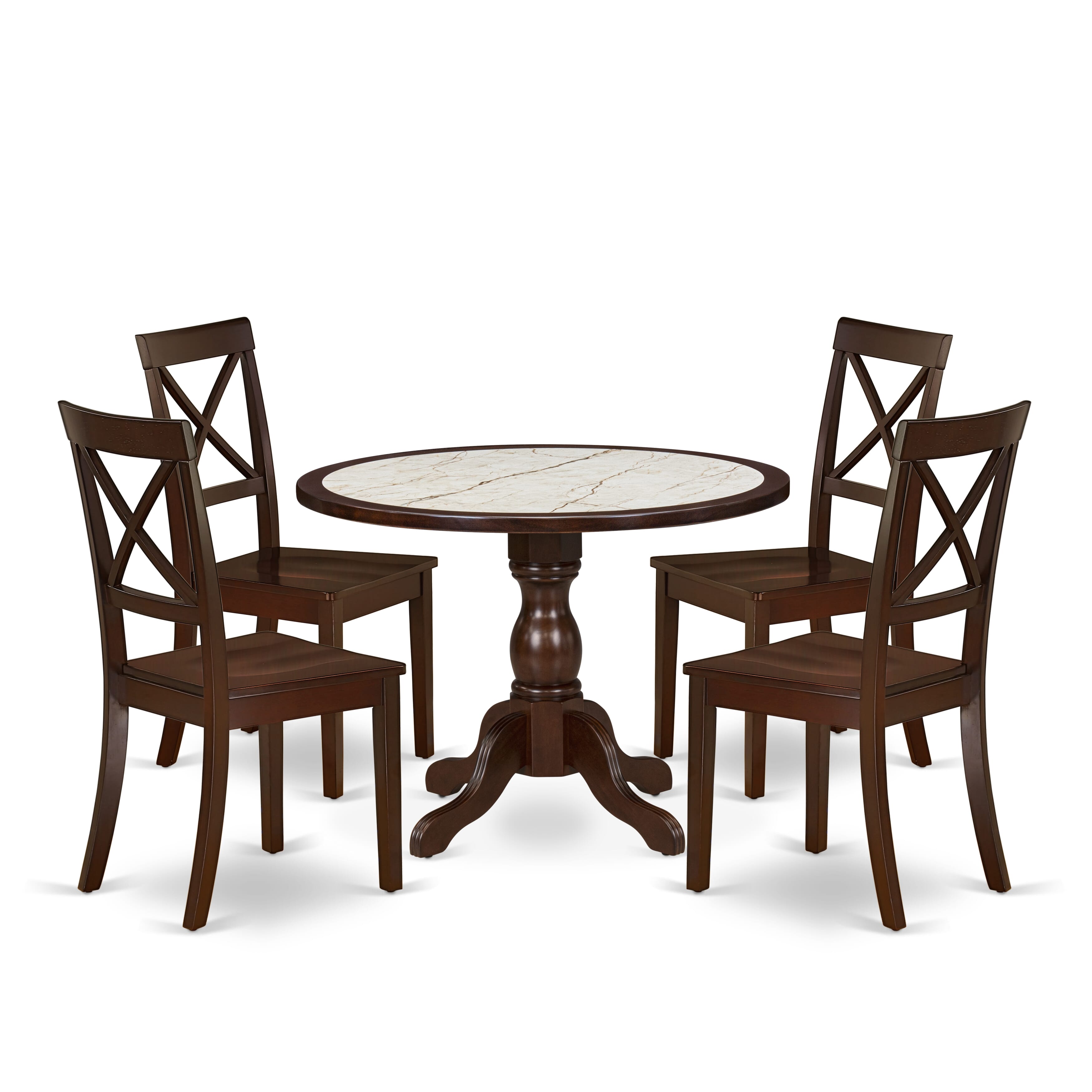 Luxe by East West Furniture 42BO5-307-W 5-piece dining room set includes a pedestal dining table and 4 X-Back dining chairs, Mahogany finish.