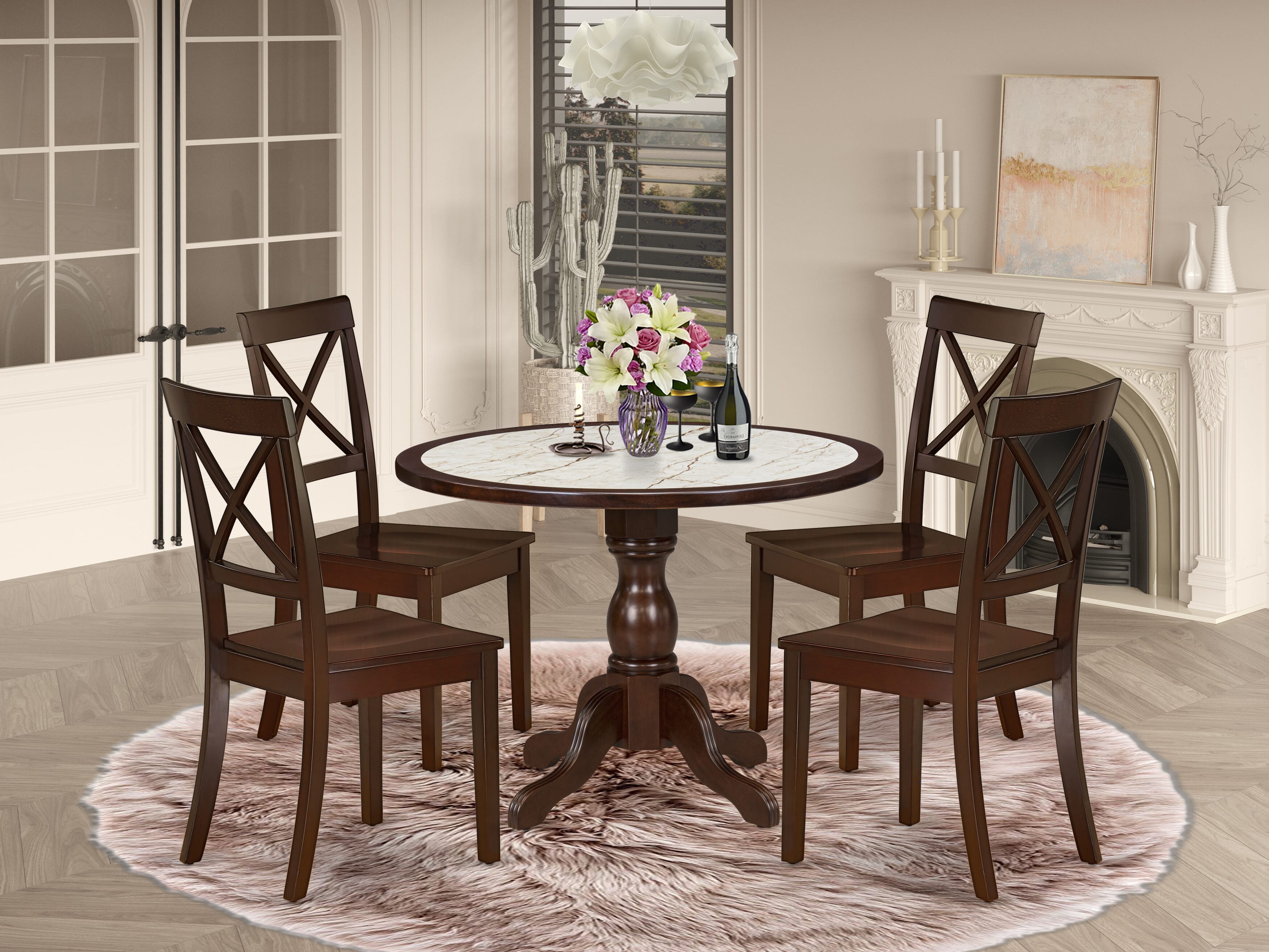 Luxe by East West Furniture 42BO5-307-W 5-piece dining room set includes a pedestal dining table and 4 X-Back dining chairs, Mahogany finish.