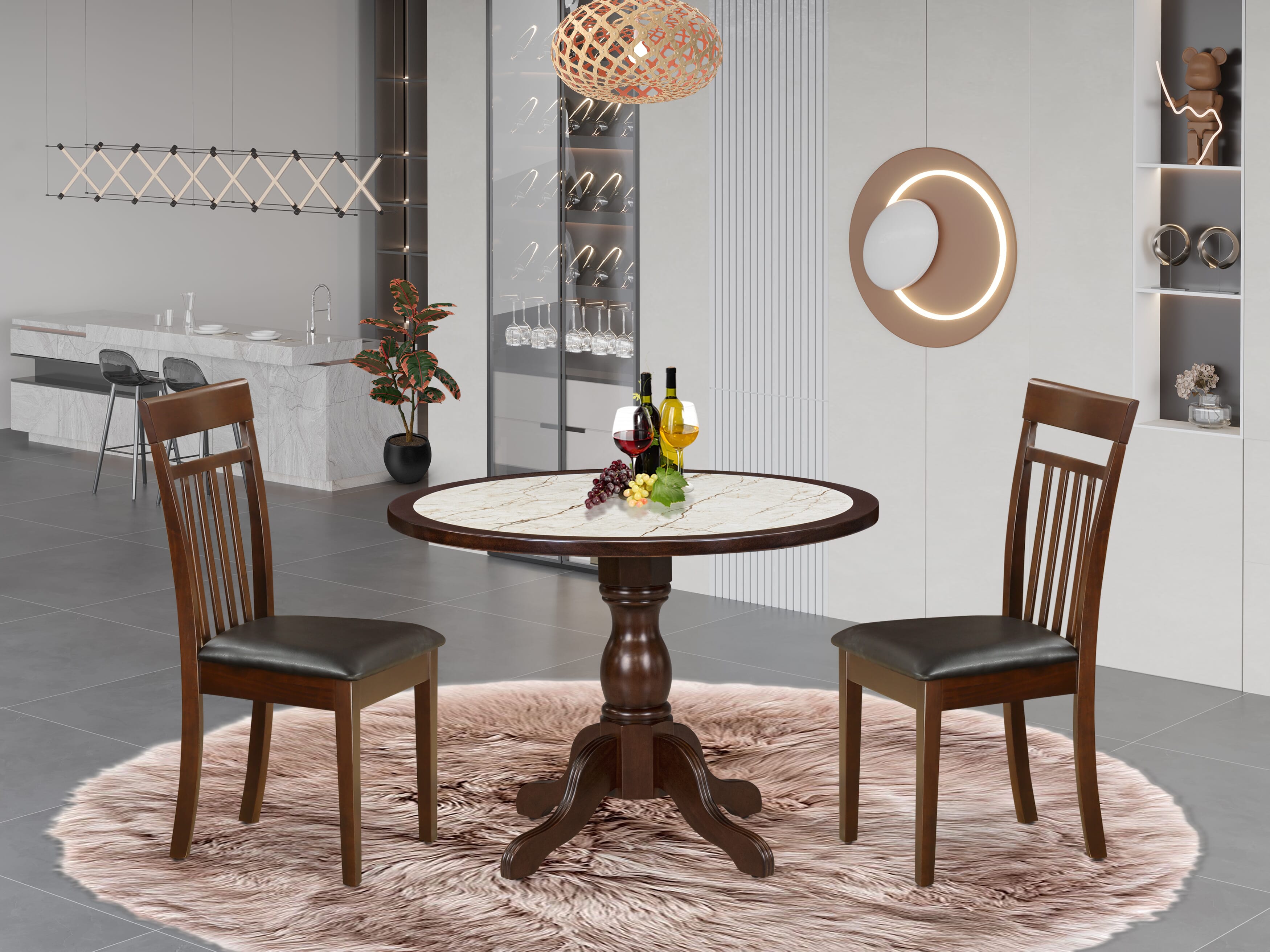 Luxe by East West Furniture 42CA3-307-LC 3-piece modern dining set Consists a pedestal kitchen table and 2 Slatted Back Faux Leather chairs, Mahogany finish.