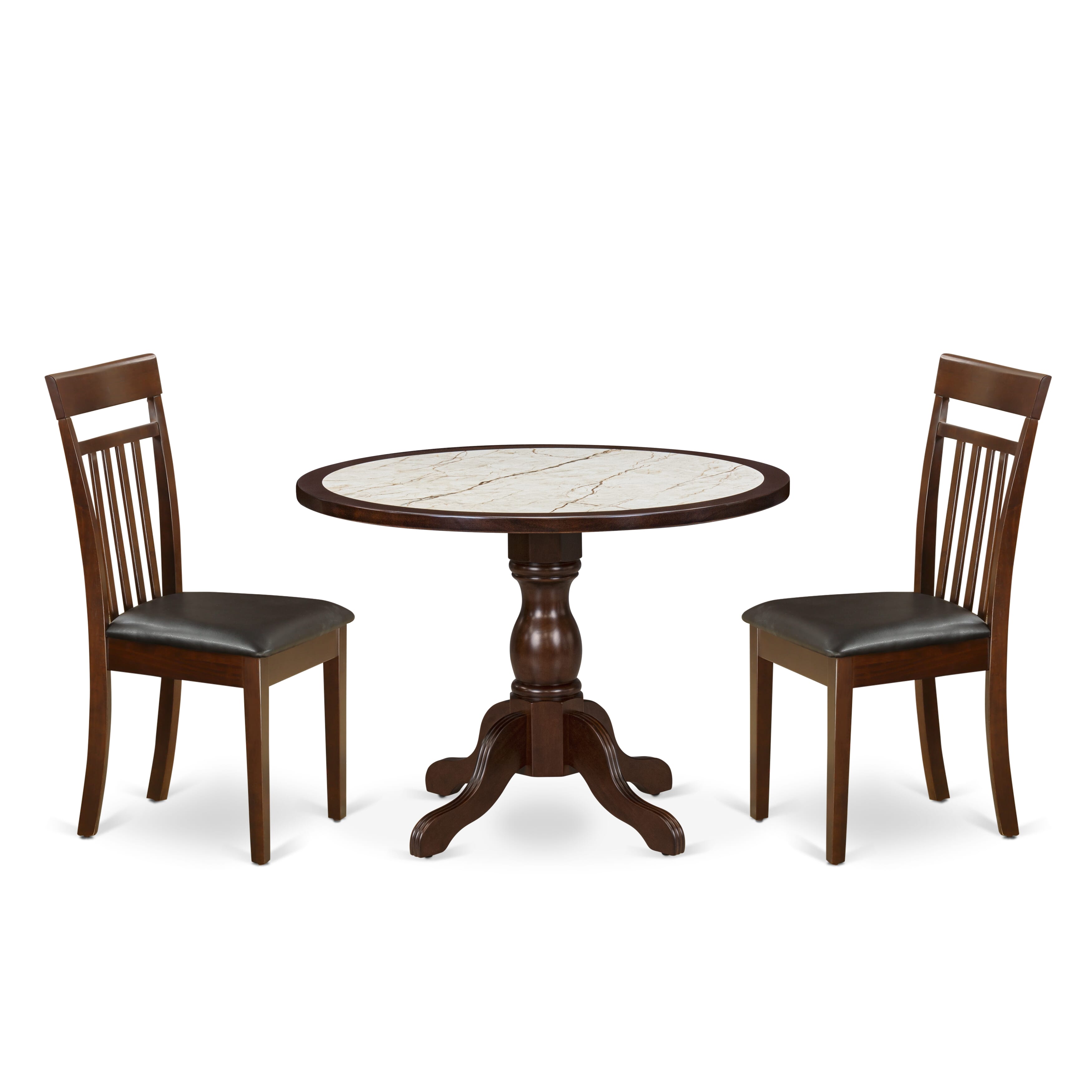 Luxe by East West Furniture 42CA3-307-LC 3-piece modern dining set Consists a pedestal kitchen table and 2 Slatted Back Faux Leather chairs, Mahogany finish.