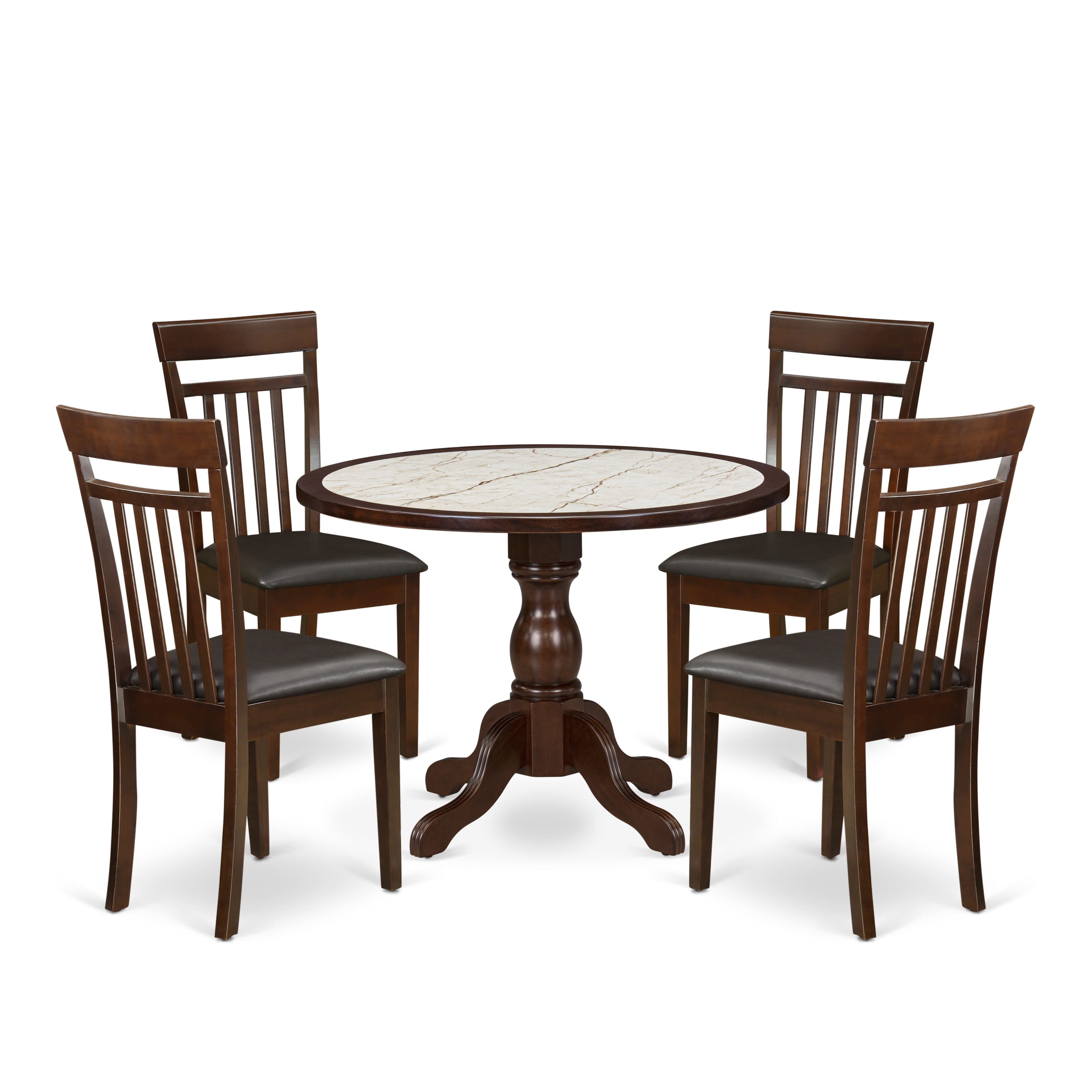 Luxe by East West Furniture 42CA5-307-LC 5-piece kitchen set includes a pedestal dinner table and 4 Slatted Back Faux Leather chairs, Mahogany finish.