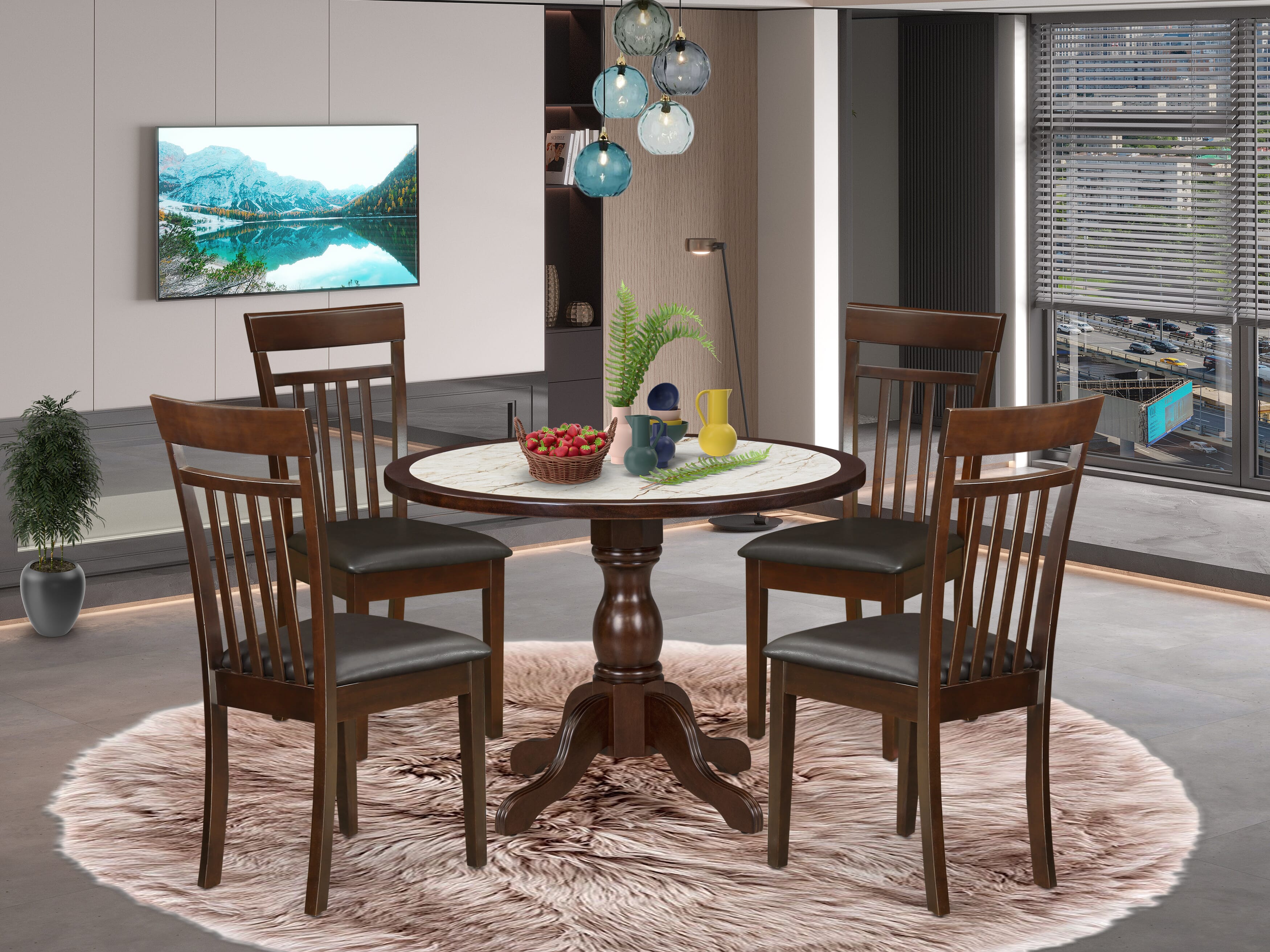 Luxe by East West Furniture 42CA5-307-LC 5-piece kitchen set includes a pedestal dinner table and 4 Slatted Back Faux Leather chairs, Mahogany finish.
