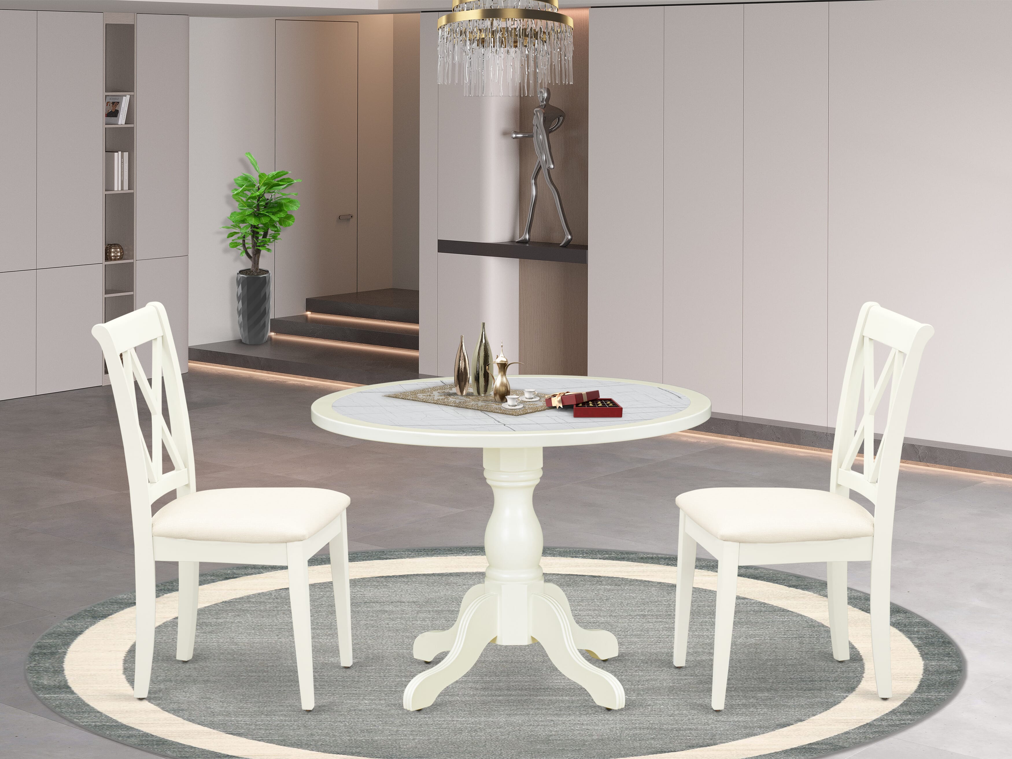 Luxe by East West Furniture 42CL3-208-C -3 pc Dining Room Set contains a Round Table and 2 Linen Fabric Modern Dining Chairs with Double X-Back - Linen White