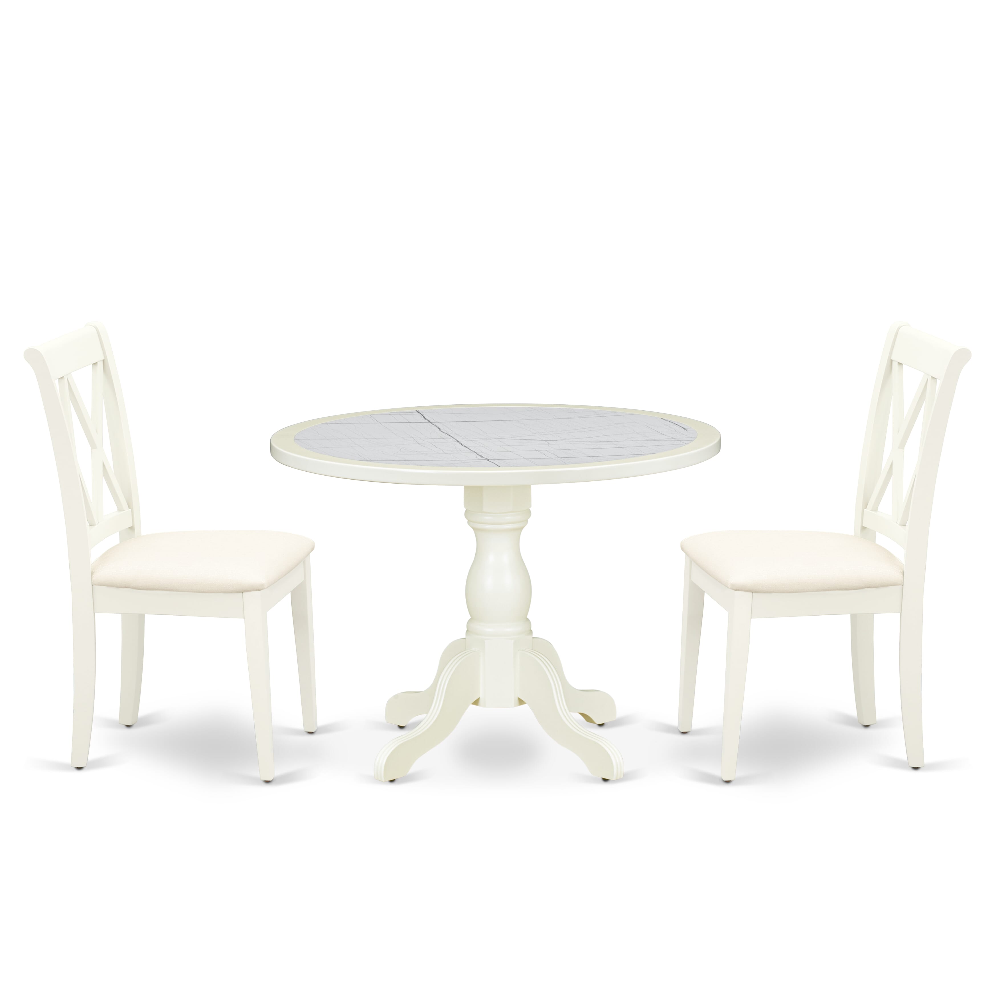 Luxe by East West Furniture 42CL3-208-C -3 pc Dining Room Set contains a Round Table and 2 Linen Fabric Modern Dining Chairs with Double X-Back - Linen White