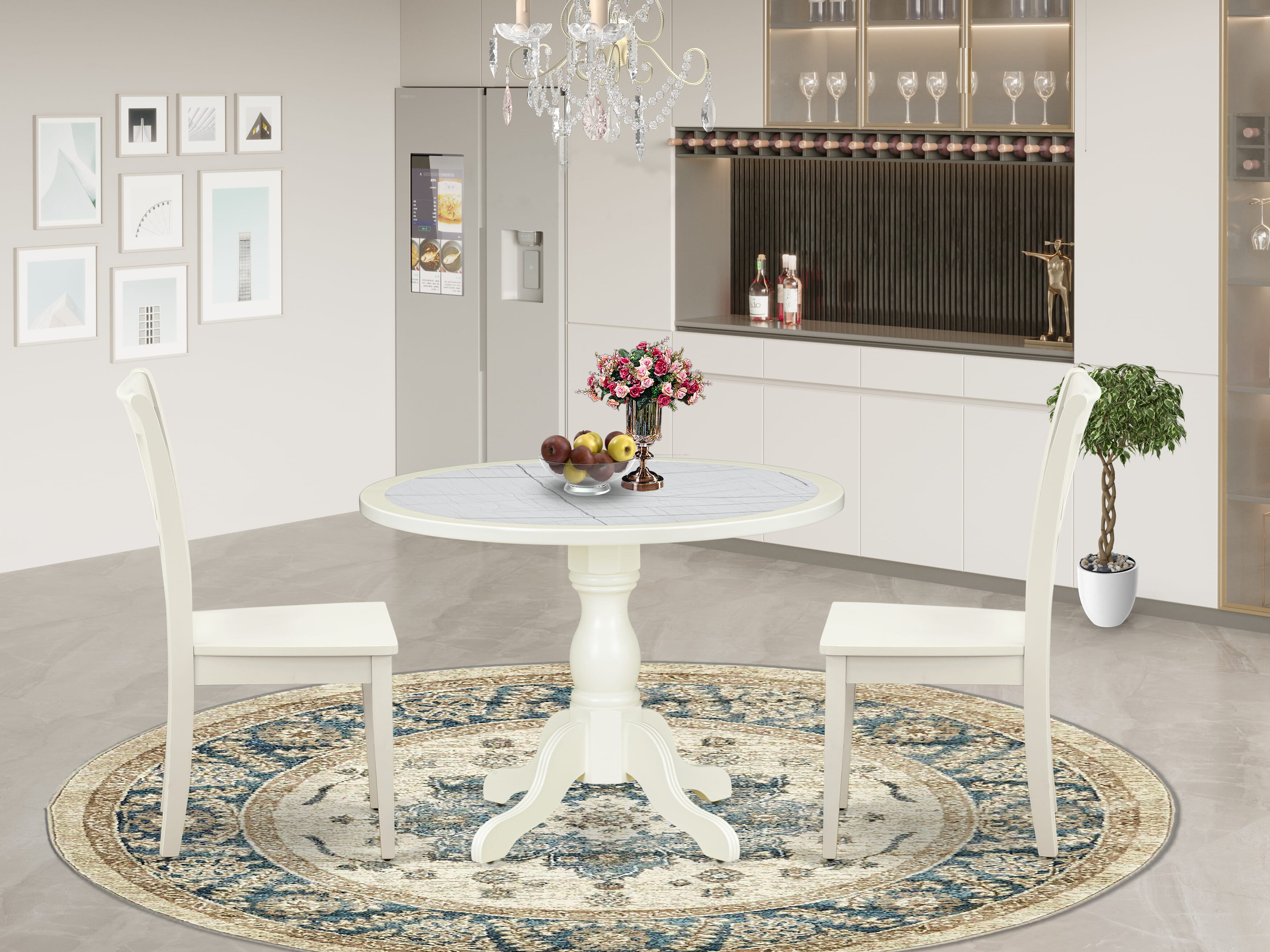 Luxe by East West Furniture 42CL3-208-W -3 pc Modern Dining Table Set consists of a Round Table and 2 Wooden Mid Century Dining Chair with Double X-Back - Linen White