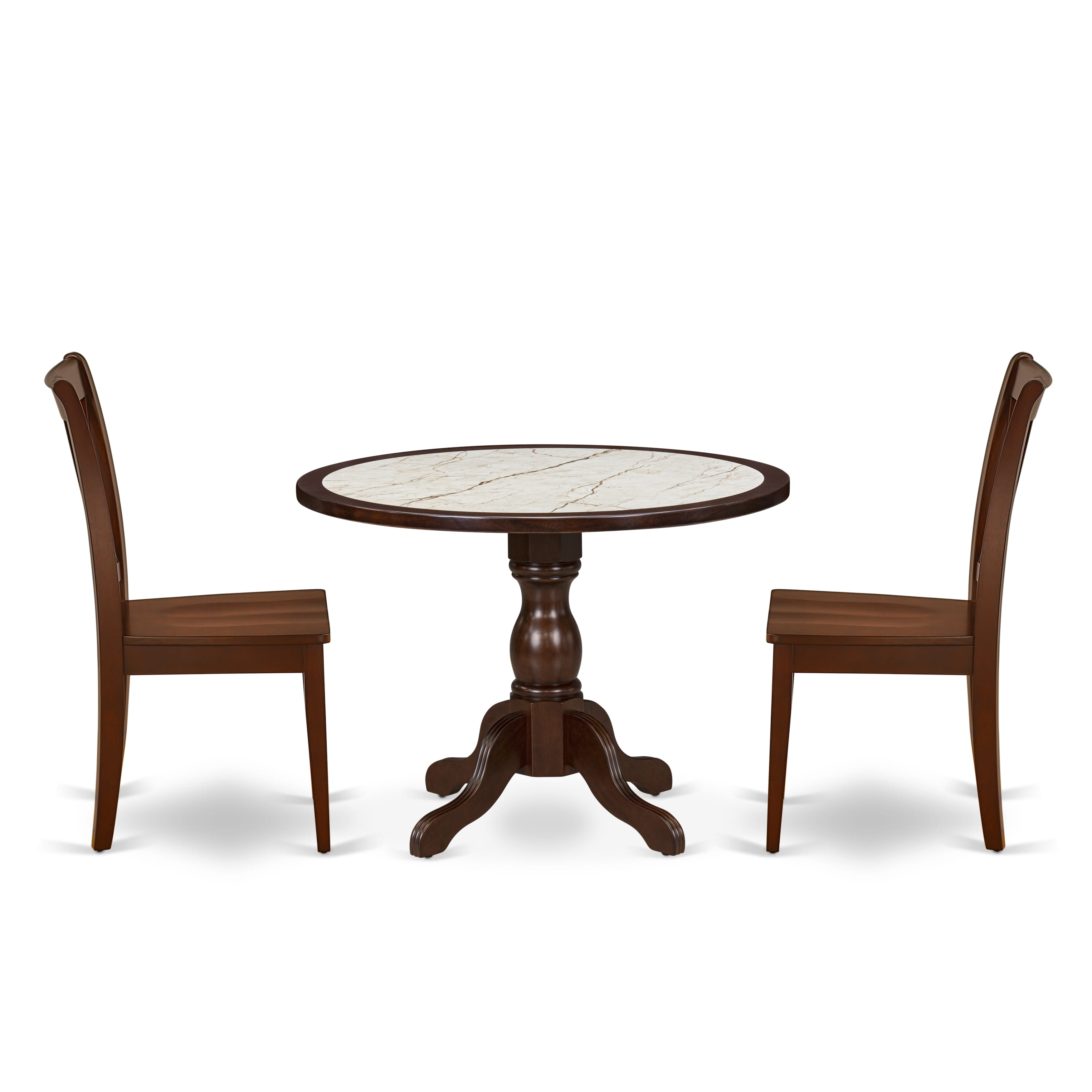 Luxe by East West Furniture 42CL3-307-W 3-piece dining table set Consists a pedestal breakfast table and 2 Double X-Back kitchen chairs, Mahogany finish.