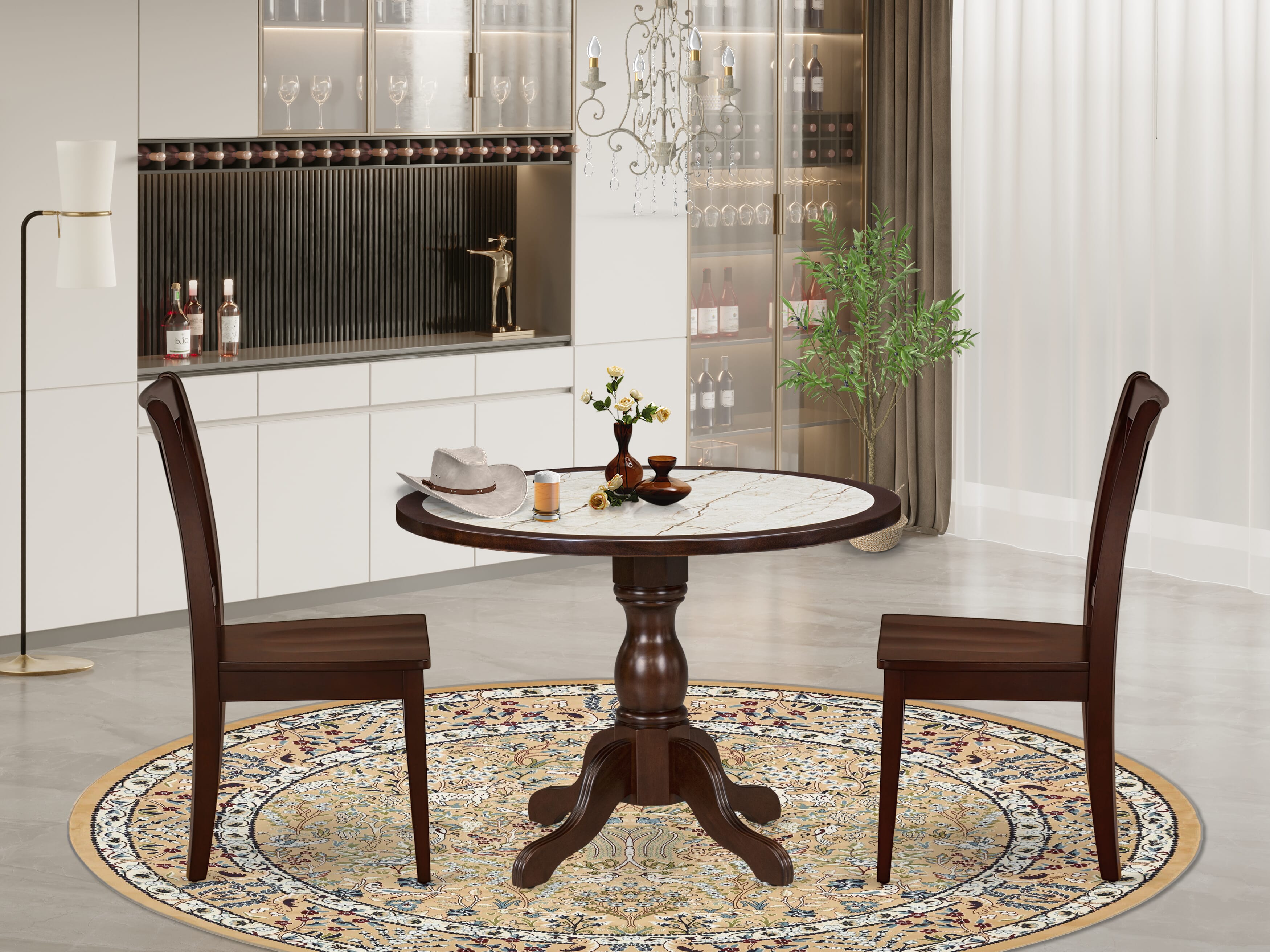 Luxe by East West Furniture 42CL3-307-W 3-piece dining table set Consists a pedestal breakfast table and 2 Double X-Back kitchen chairs, Mahogany finish.