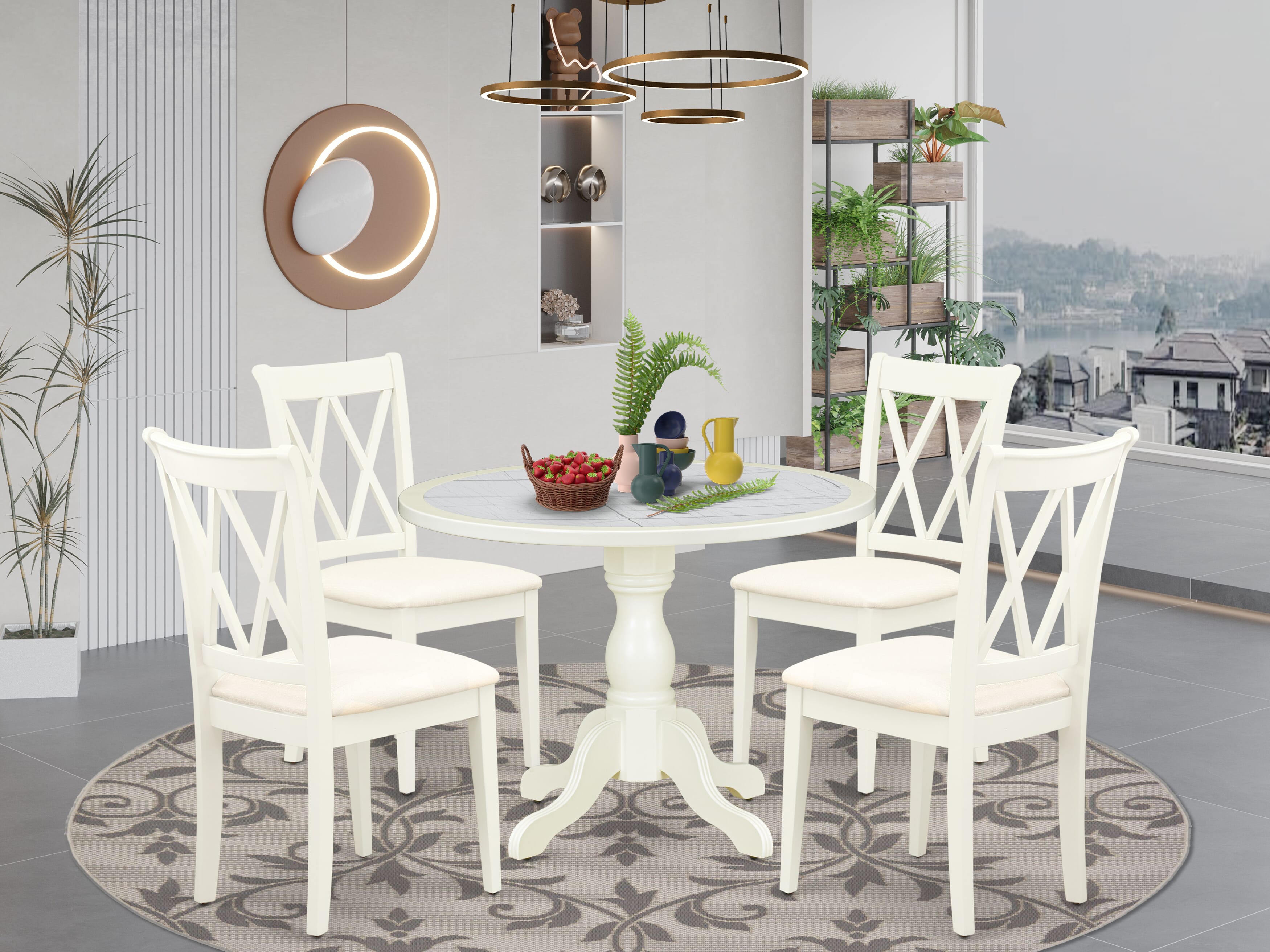 Luxe by East West Furniture 42CL5-208-C -5 pc Table Set Includes a Round Table and 4 Linen Fabric Parsons Chairs with Double X-Back - Linen White