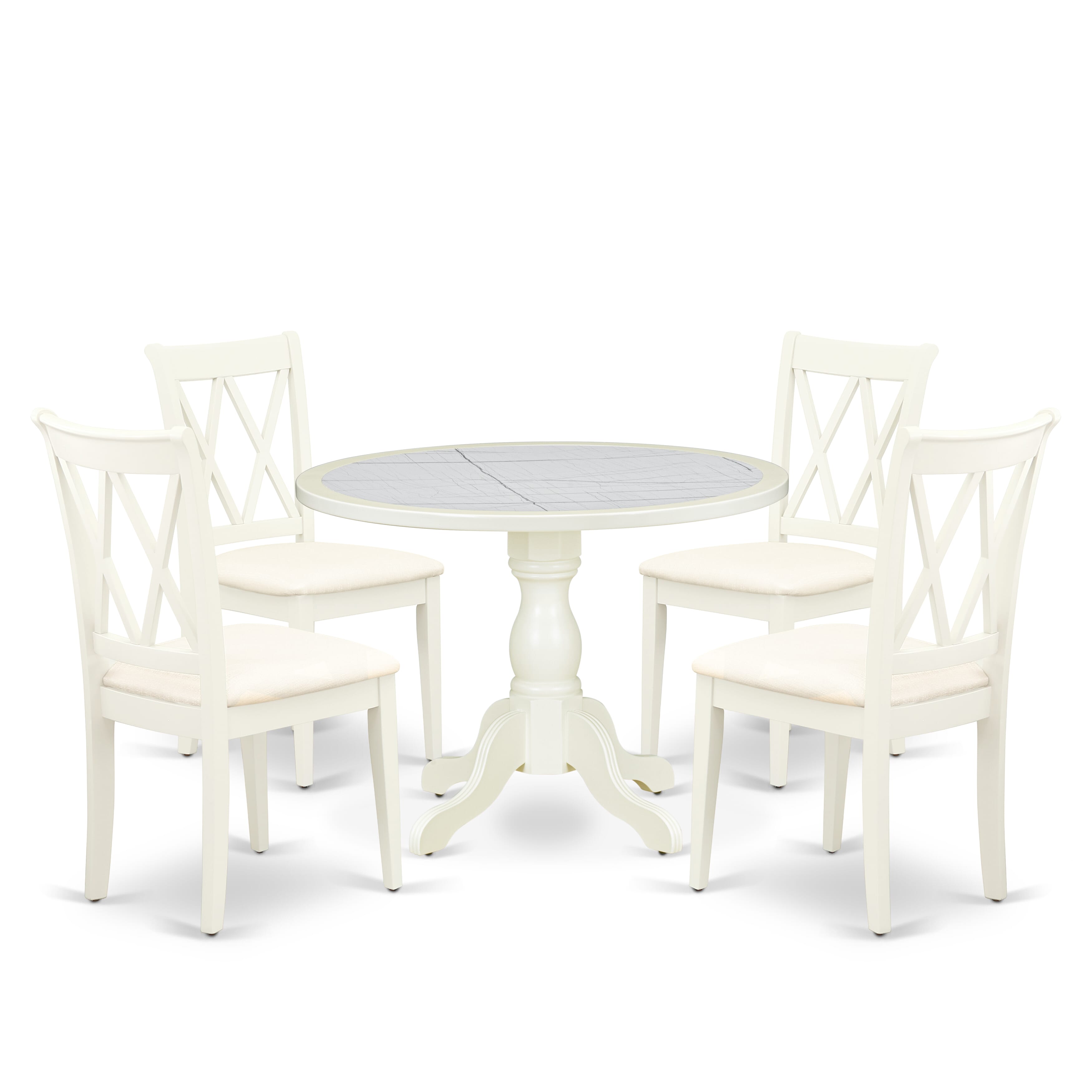Luxe by East West Furniture 42CL5-208-C -5 pc Table Set Includes a Round Table and 4 Linen Fabric Parsons Chairs with Double X-Back - Linen White