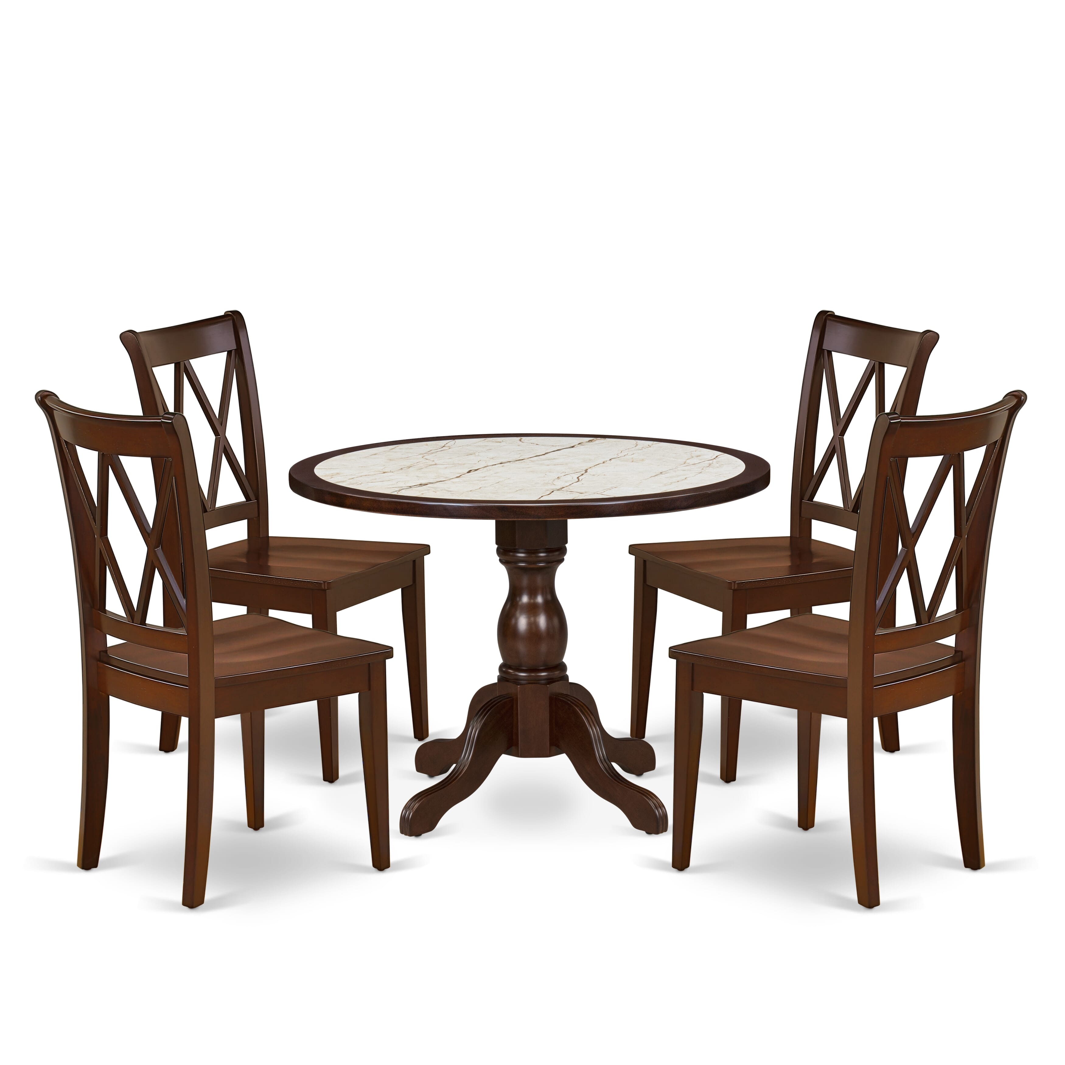 Luxe by East West Furniture 42CL5-307-W 5-piece kitchen table set includes a round pedestal table and 4 Double X-Back dining chairs, Mahogany finish.