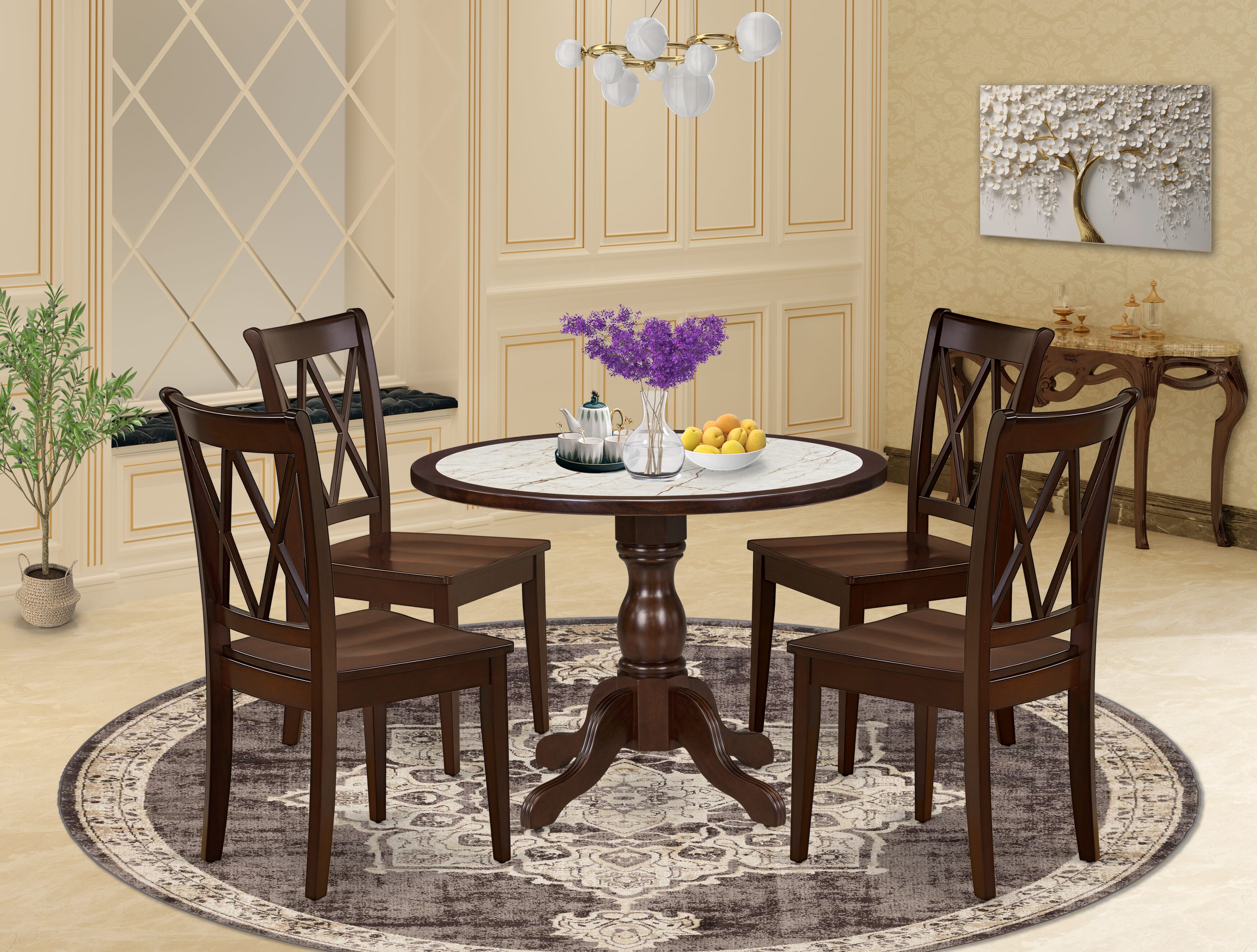 Luxe by East West Furniture 42CL5-307-W 5-piece kitchen table set includes a round pedestal table and 4 Double X-Back dining chairs, Mahogany finish.