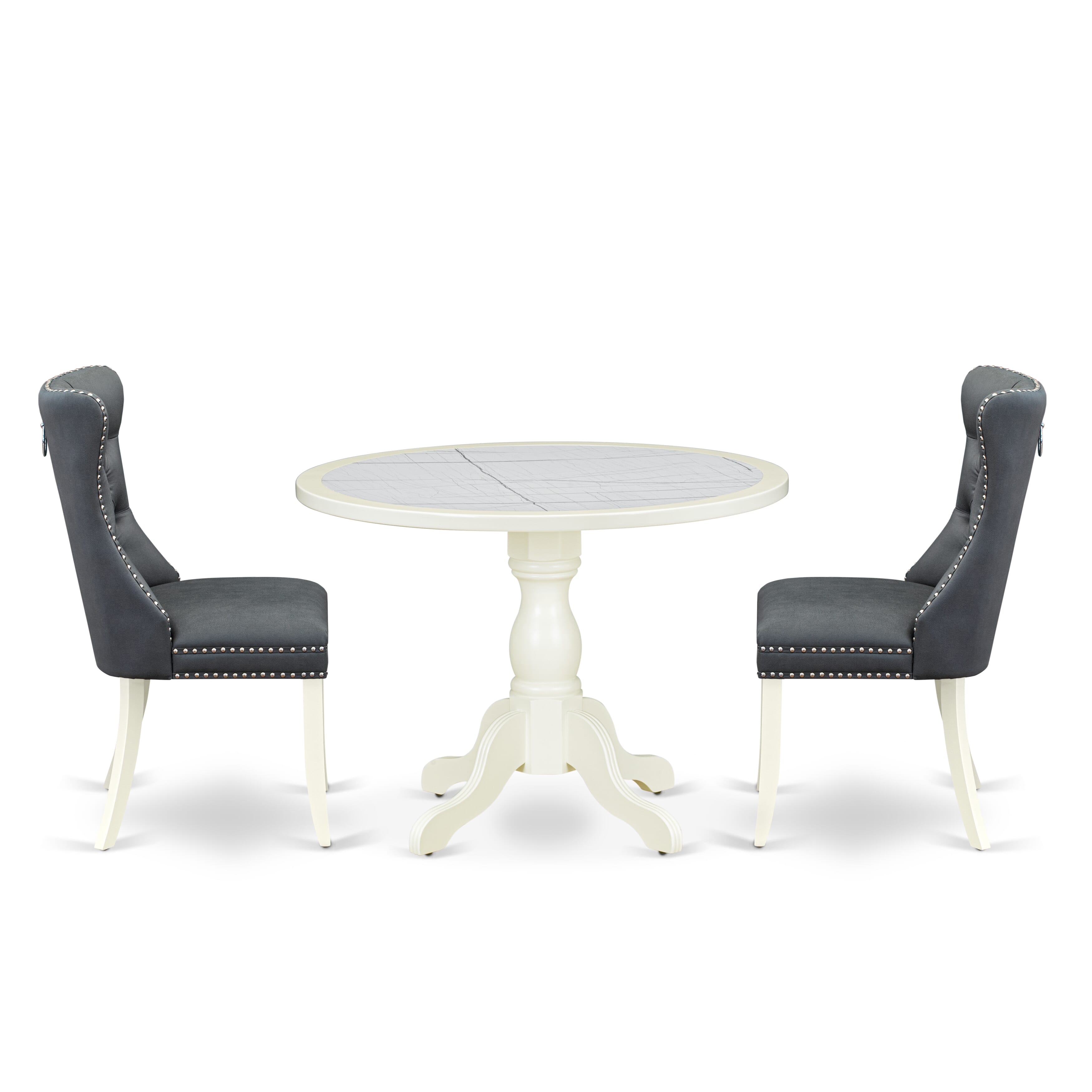Luxe by East West Furniture 42DA3-208-13 -3 pc Mid-Century Dining Set Includes a Round Table and 2 Platinum Gray Faux Leather Dining Room Chair with Button Tufted Back - Linen White