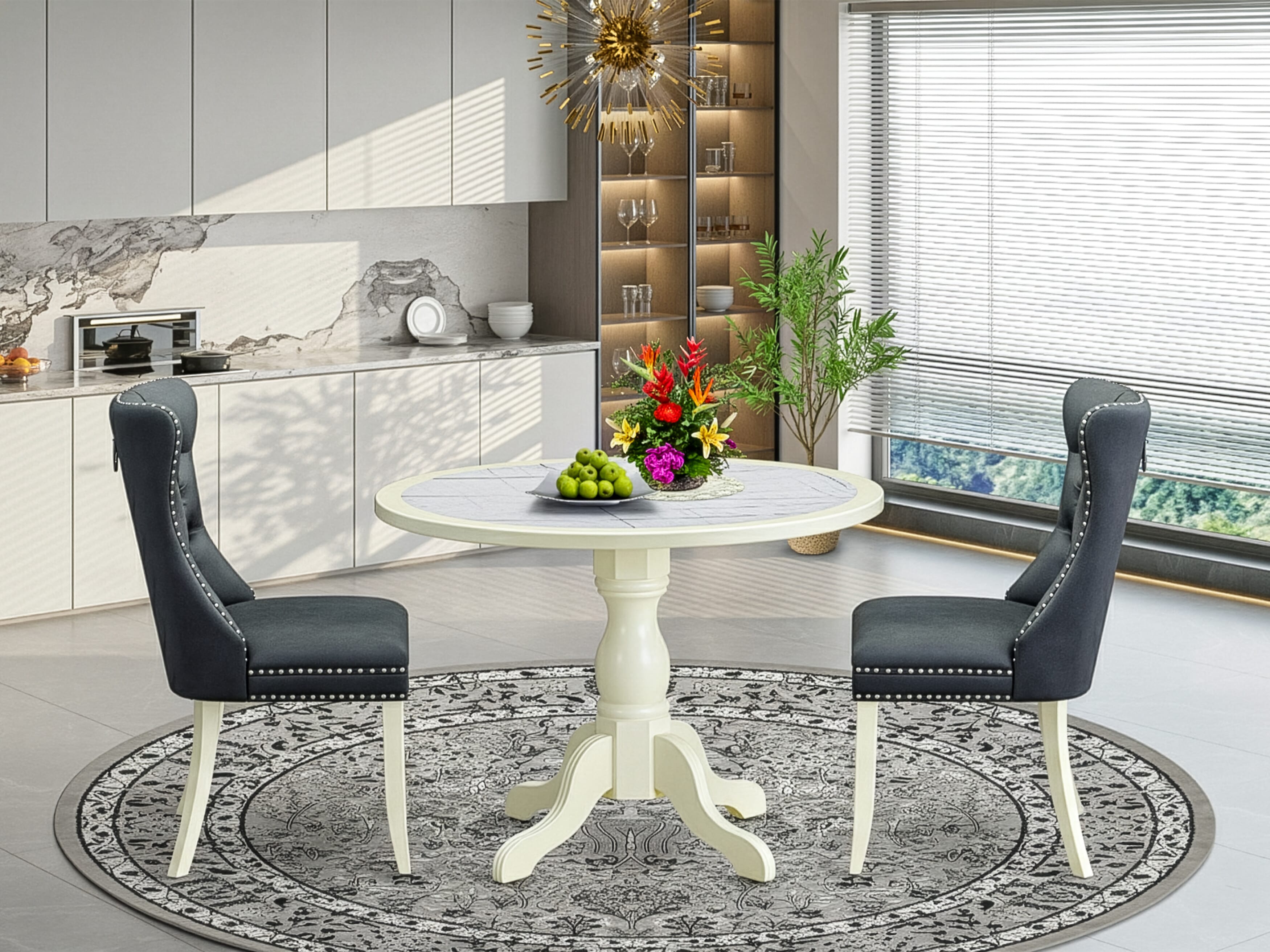 Luxe by East West Furniture 42DA3-208-13 -3 pc Mid-Century Dining Set Includes a Round Table and 2 Platinum Gray Faux Leather Dining Room Chair with Button Tufted Back - Linen White