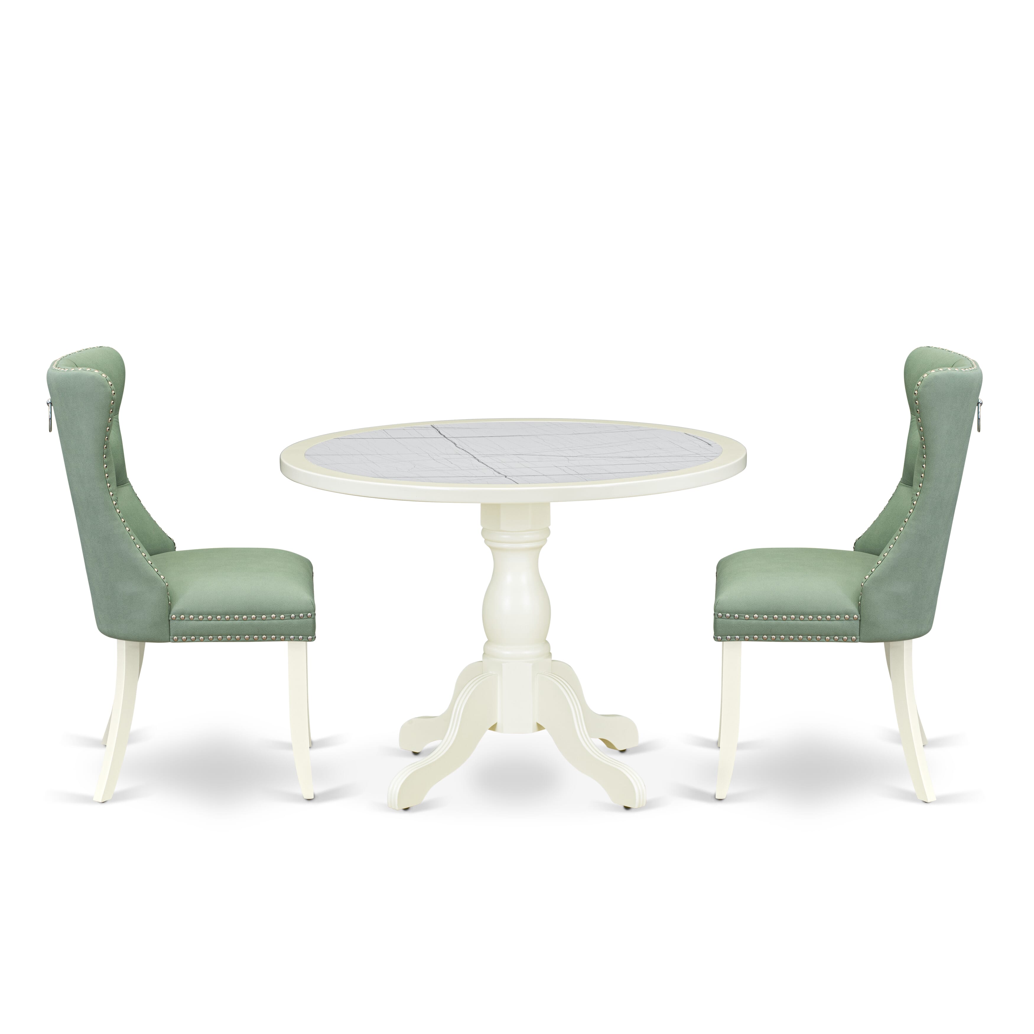 Luxe by East West Furniture 42DA3-208-22 -3 pc Kitchen Dining Table Set contains a Round Table and 2 Willow Green Faux Leather Dining Chairs with Button Tufted Back - Linen White
