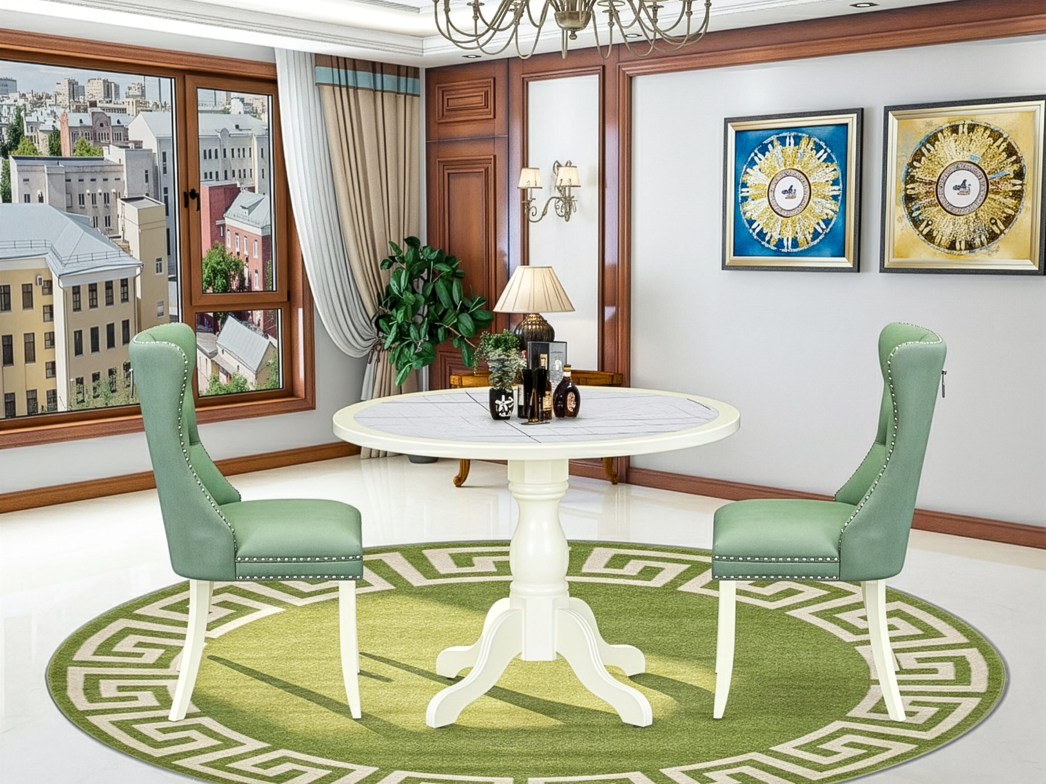 Luxe by East West Furniture 42DA3-208-22 -3 pc Kitchen Dining Table Set contains a Round Table and 2 Willow Green Faux Leather Dining Chairs with Button Tufted Back - Linen White