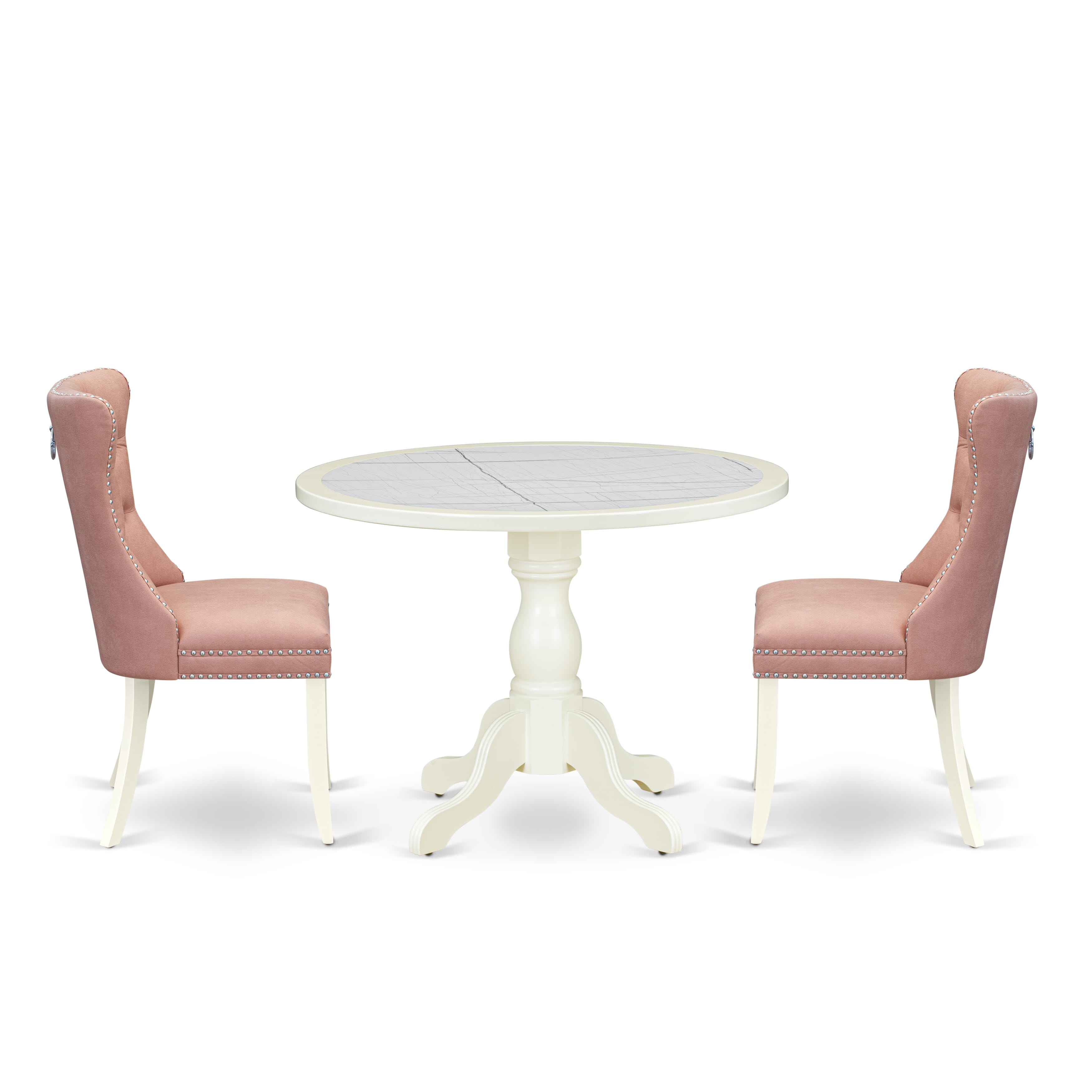 Luxe by East West Furniture 42DA3-208-23 -3 pc Dinner Table Set consists of a Round Table and 2 Beige Red Faux Leather Kitchen Chairs with Button Tufted Back - Linen White