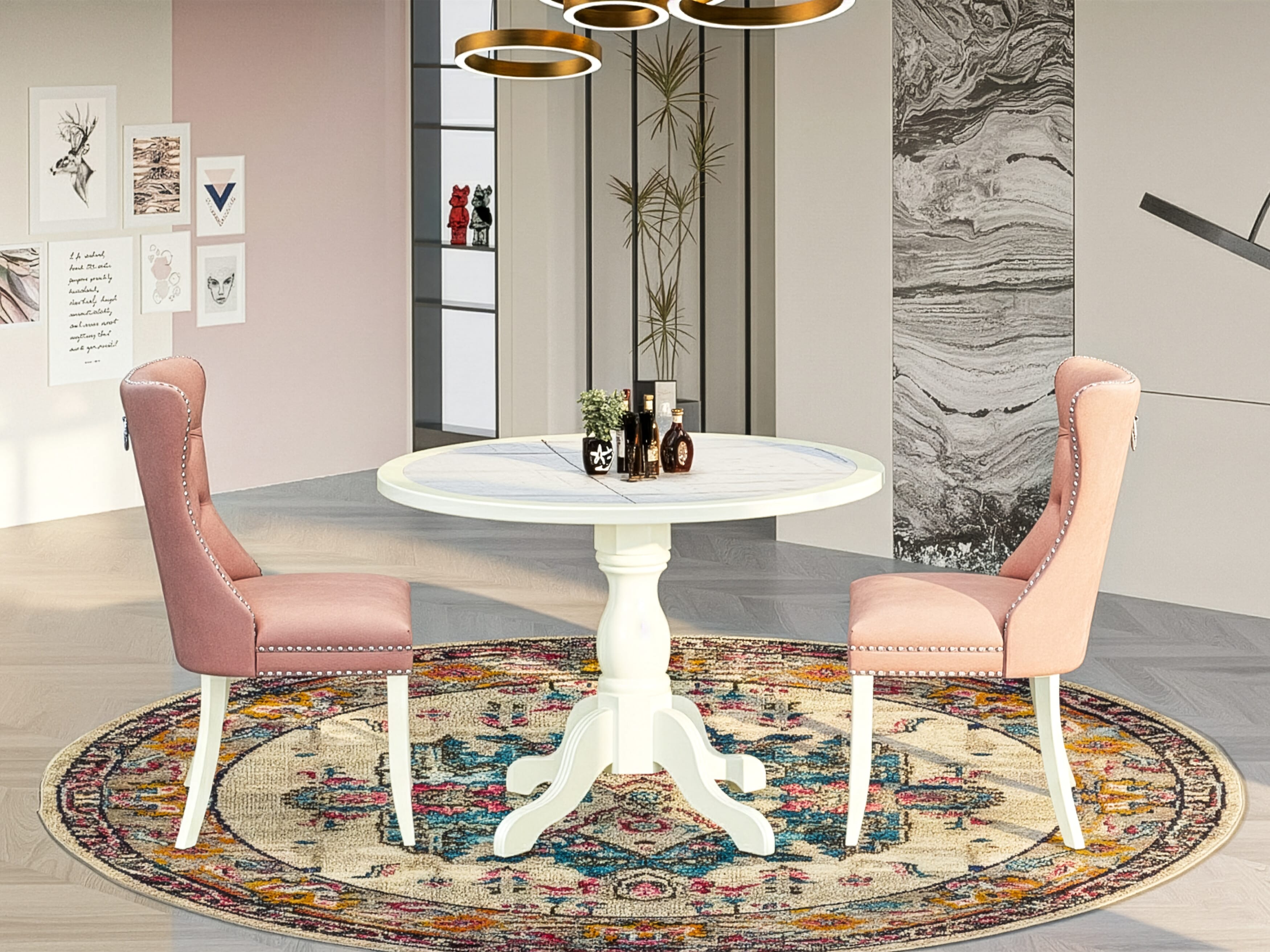 Luxe by East West Furniture 42DA3-208-23 -3 pc Dinner Table Set consists of a Round Table and 2 Beige Red Faux Leather Kitchen Chairs with Button Tufted Back - Linen White