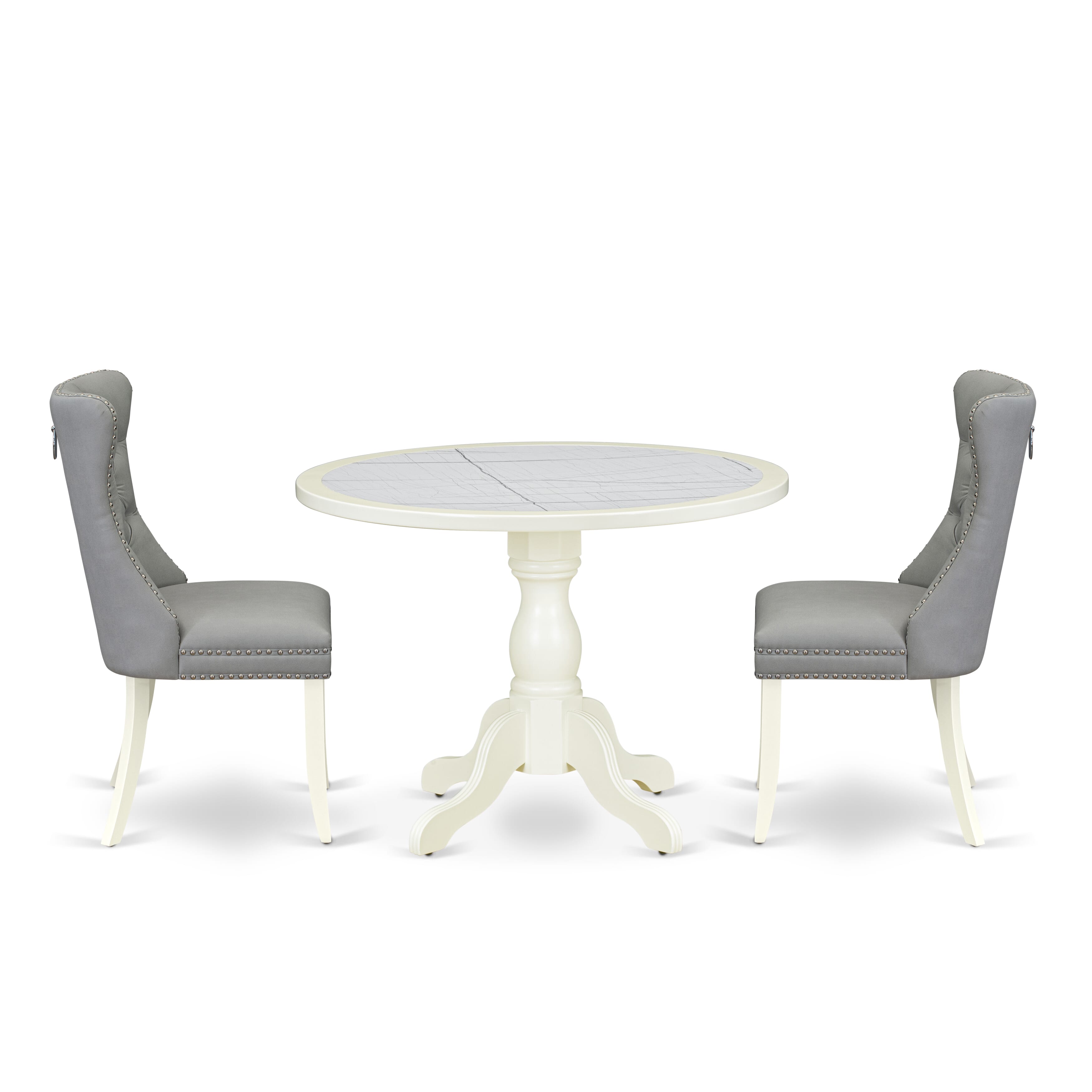 Luxe by East West Furniture 42DA3-208-27 -3 pc Dining Room Table Set Includes a Round Table and 2 Light Gray Faux Leather Mid Century Modern Chair with Button Tufted Back - Linen White