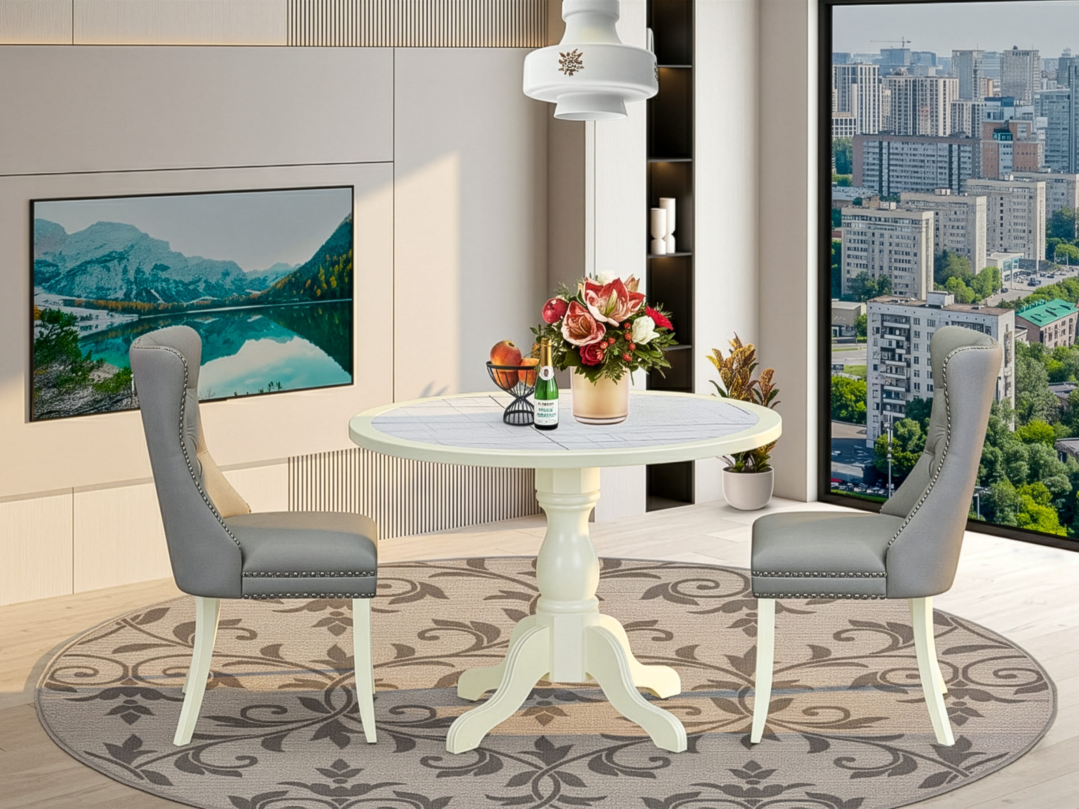 Luxe by East West Furniture 42DA3-208-27 -3 pc Dining Room Table Set Includes a Round Table and 2 Light Gray Faux Leather Mid Century Modern Chair with Button Tufted Back - Linen White