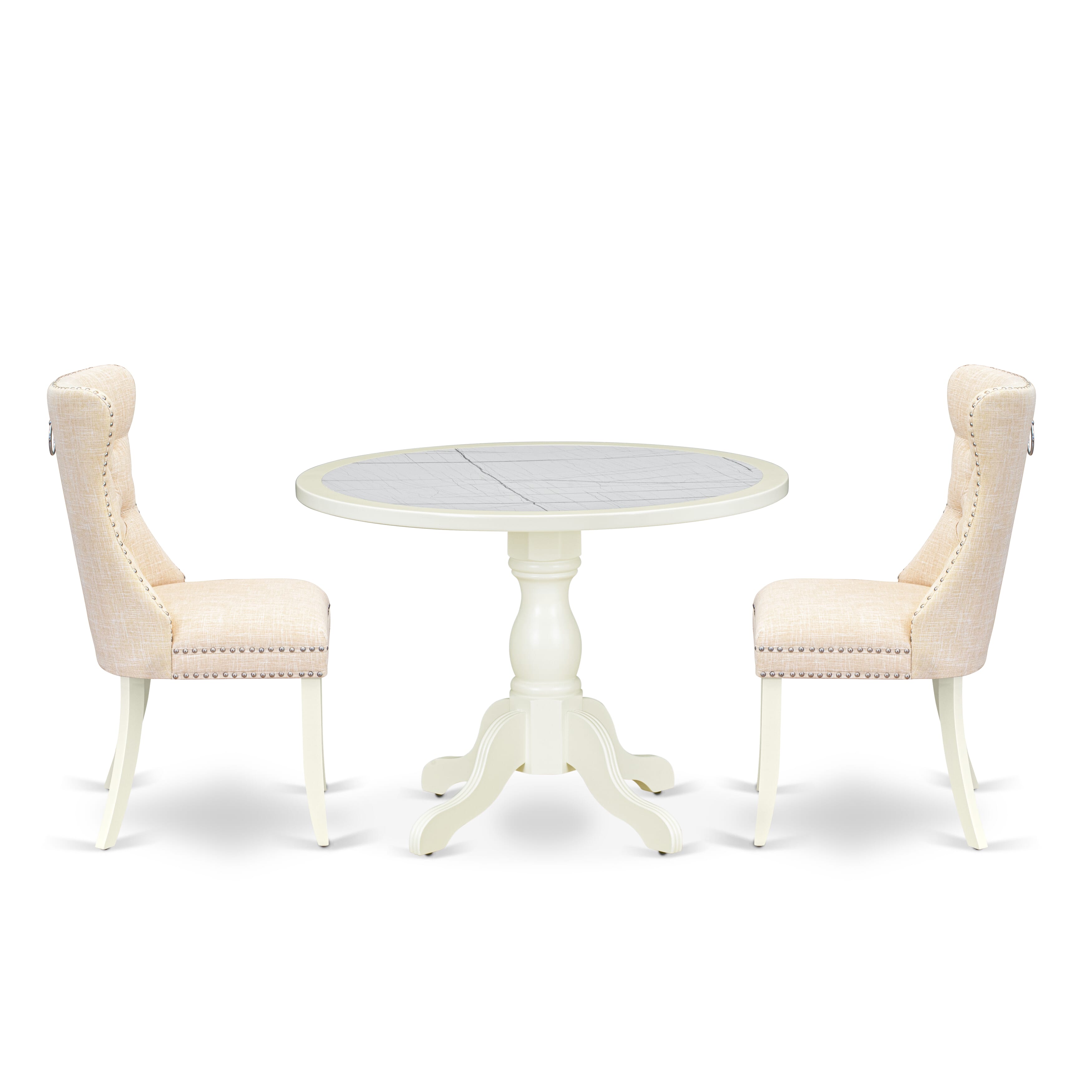 Luxe by East West Furniture 42DA3-208-32 -3 pc Kitchen Table Set contains a Round Table and 2 Light Beige Faux Leather Modern Chair with Button Tufted Back - Linen White