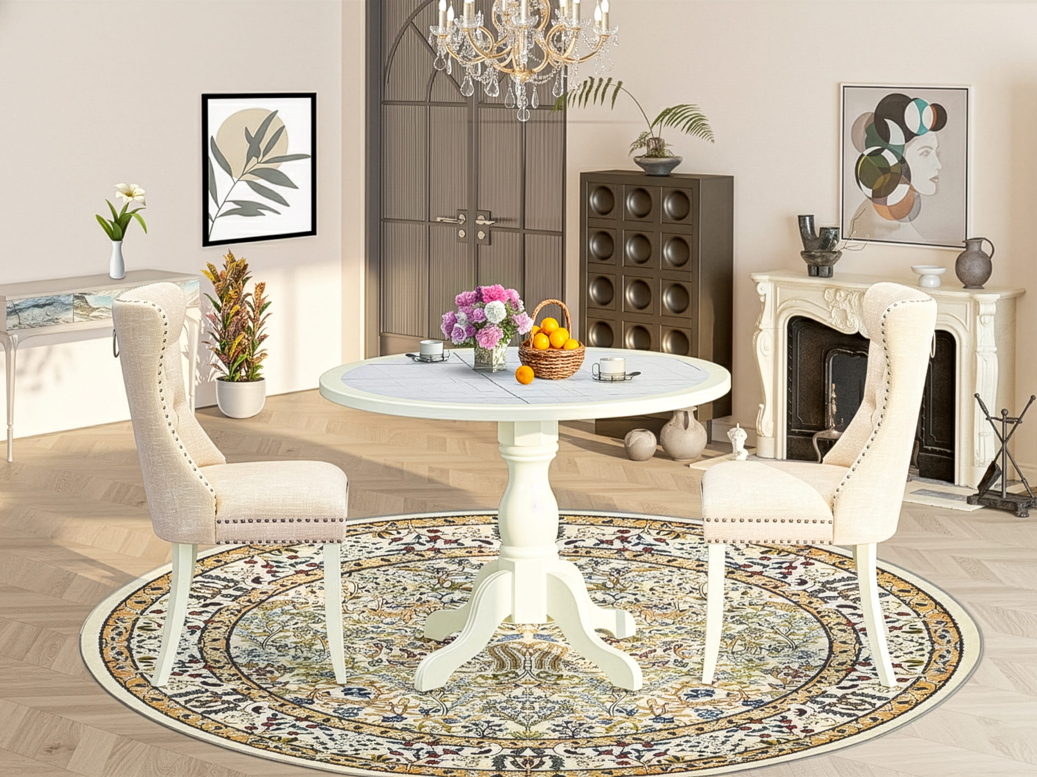Luxe by East West Furniture 42DA3-208-32 -3 pc Kitchen Table Set contains a Round Table and 2 Light Beige Faux Leather Modern Chair with Button Tufted Back - Linen White