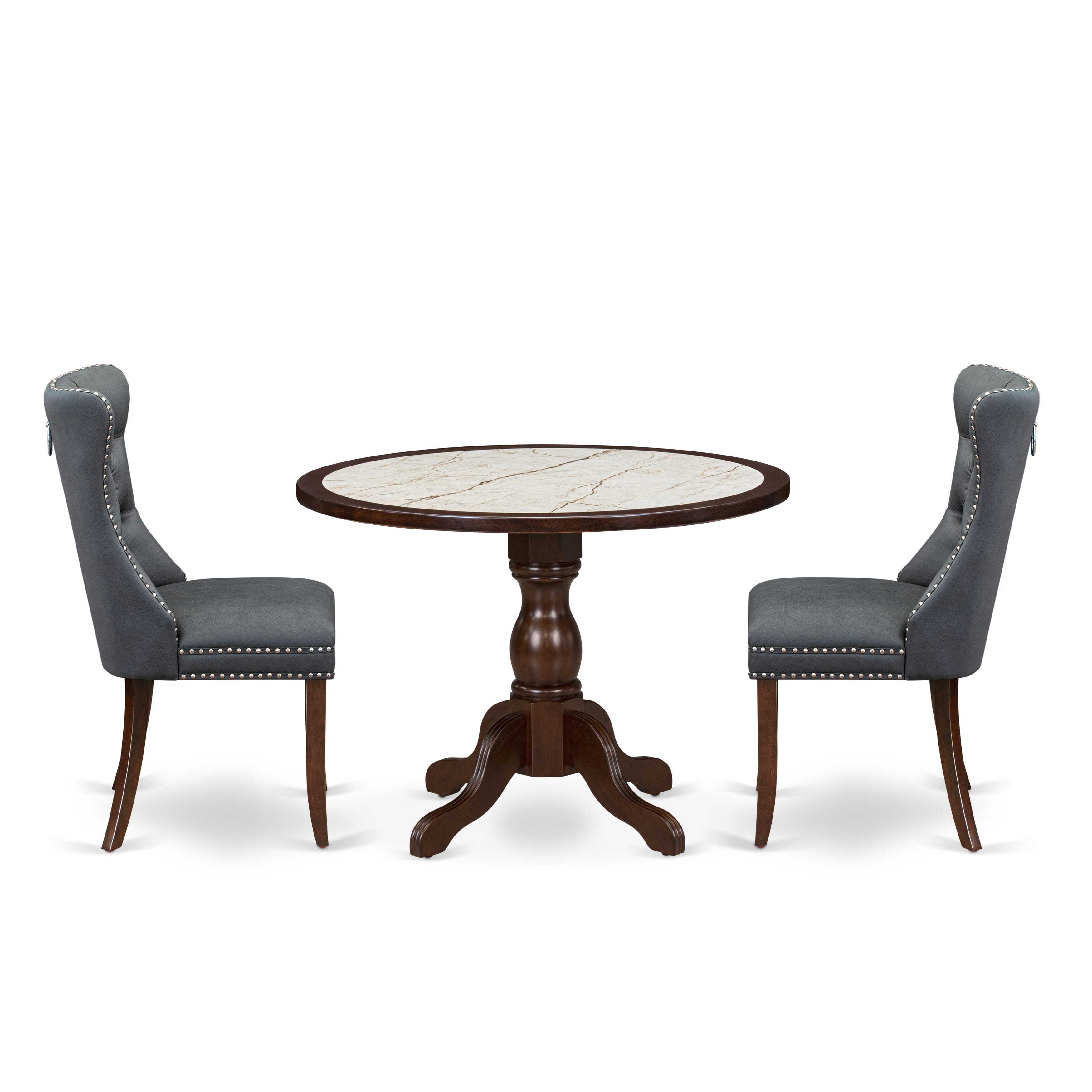 Luxe by East West Furniture 42DA3-307-13 3-piece mid-century dining set Consists a pedestal dining table and 2 Button Tufted Parsons chairs with Platinum Gray linen fabric, Mahogany finish.