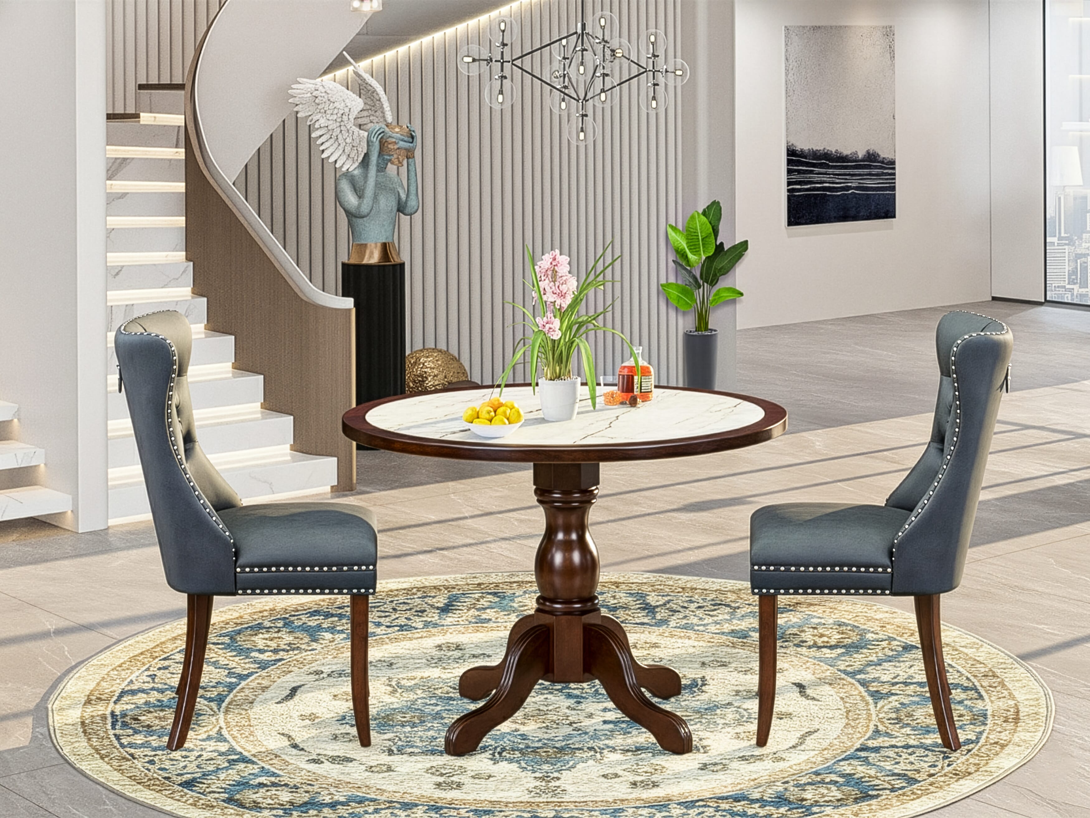 Luxe by East West Furniture 42DA3-307-13 3-piece mid-century dining set Consists a pedestal dining table and 2 Button Tufted Parsons chairs with Platinum Gray linen fabric, Mahogany finish.