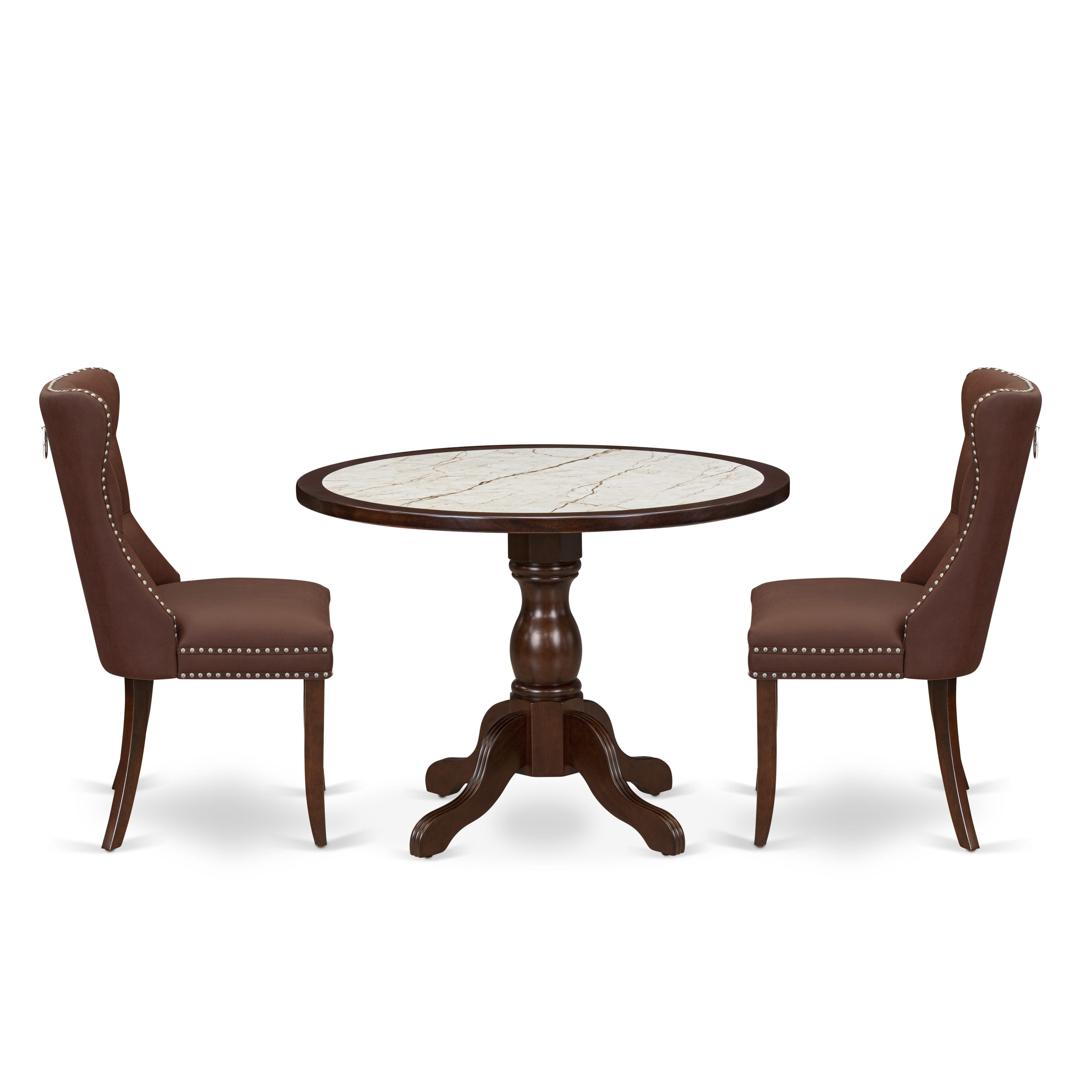 Luxe by East West Furniture 42DA3-307-26 3-piece kitchen table set Consists a pedestal table and 2 Button Tufted Parsons chairs with Burgundy Faux Leather, Mahogany finish.