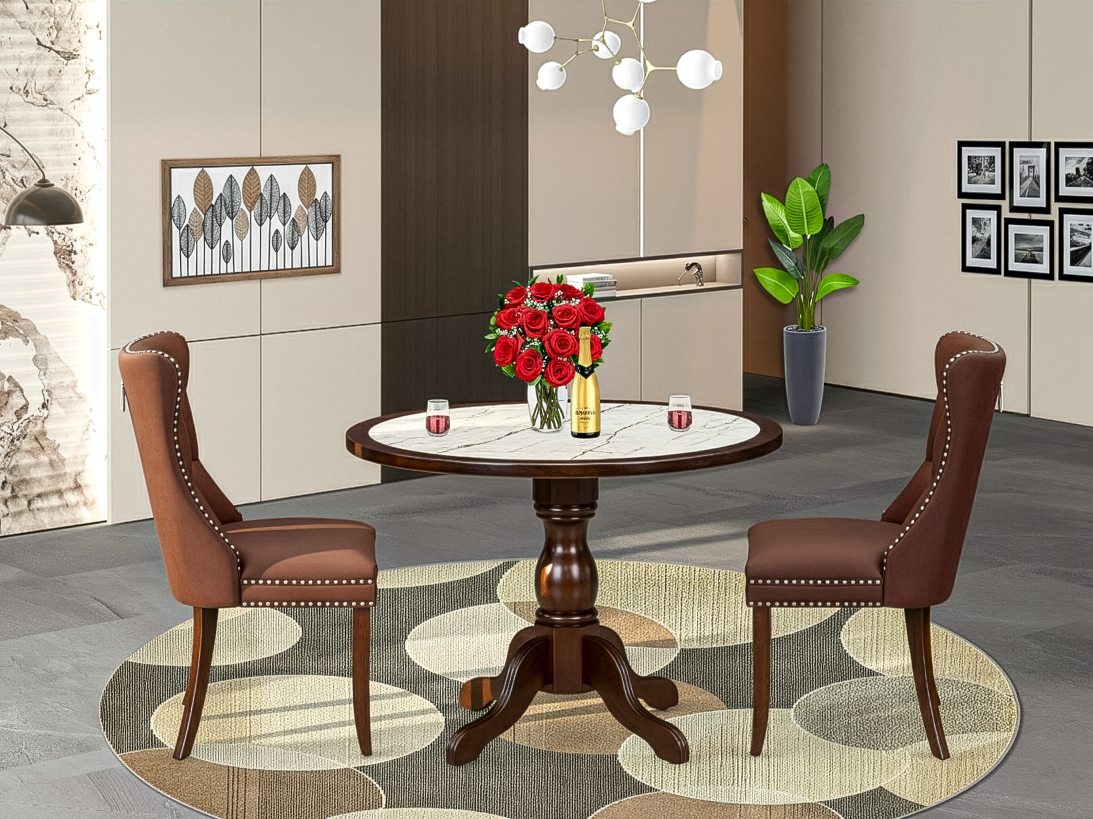Luxe by East West Furniture 42DA3-307-26 3-piece kitchen table set Consists a pedestal table and 2 Button Tufted Parsons chairs with Burgundy Faux Leather, Mahogany finish.