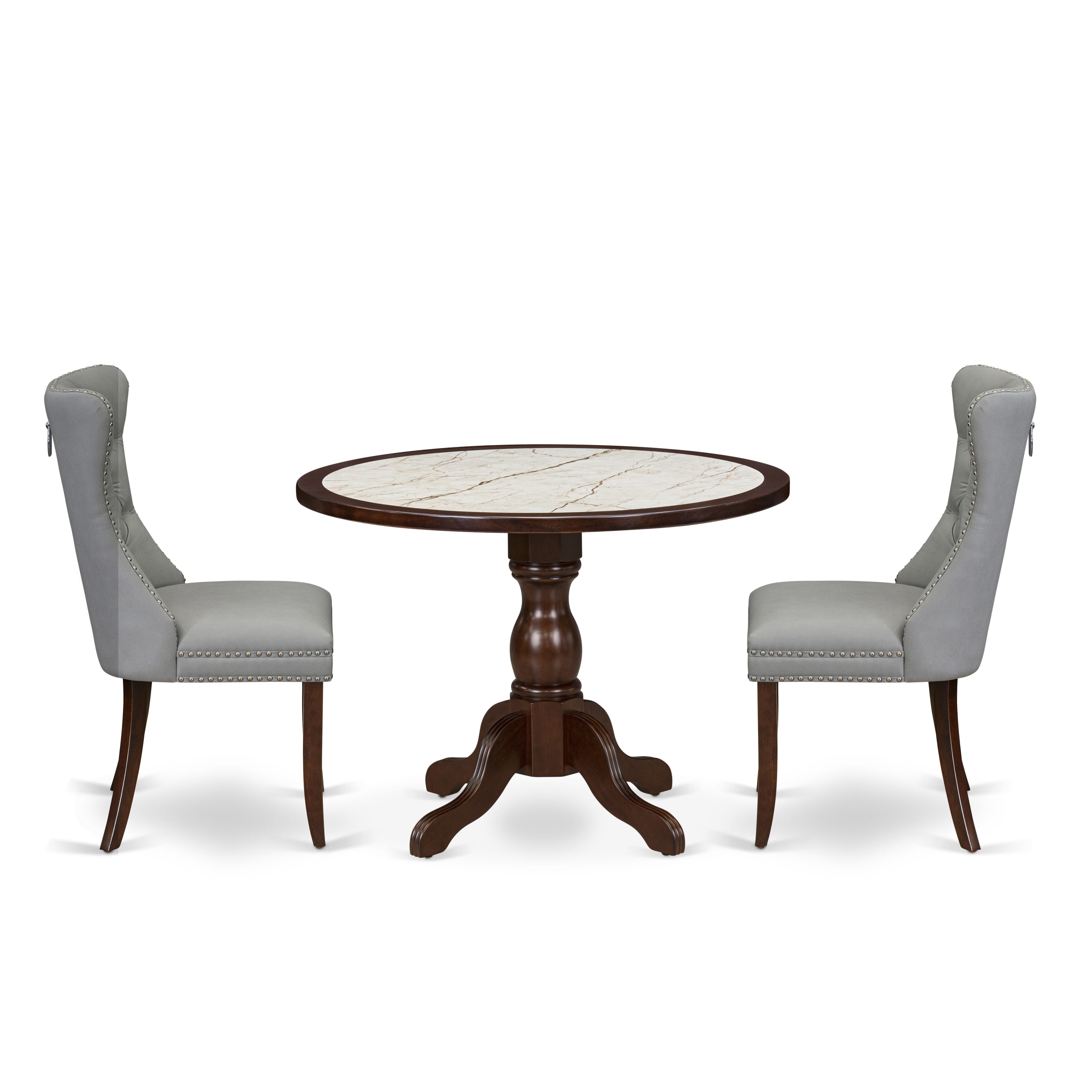 Luxe by East West Furniture 42DA3-307-27 3-Piece Dining Set Consists a round pedestal table and 2 Button Tufted Parsons chairs with Light Gray Faux Leather, Mahogany finish.