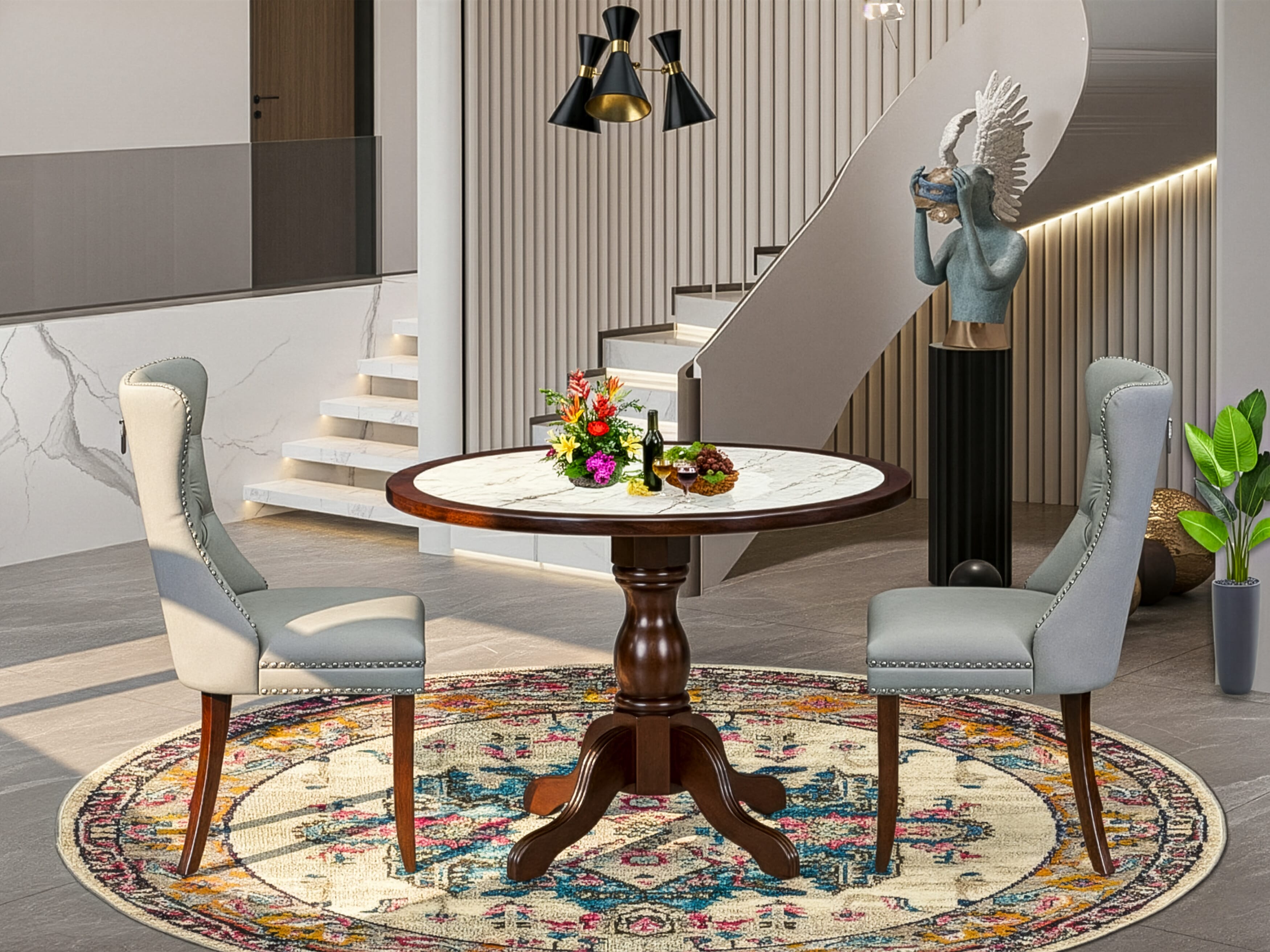 Luxe by East West Furniture 42DA3-307-27 3-Piece Dining Set Consists a round pedestal table and 2 Button Tufted Parsons chairs with Light Gray Faux Leather, Mahogany finish.