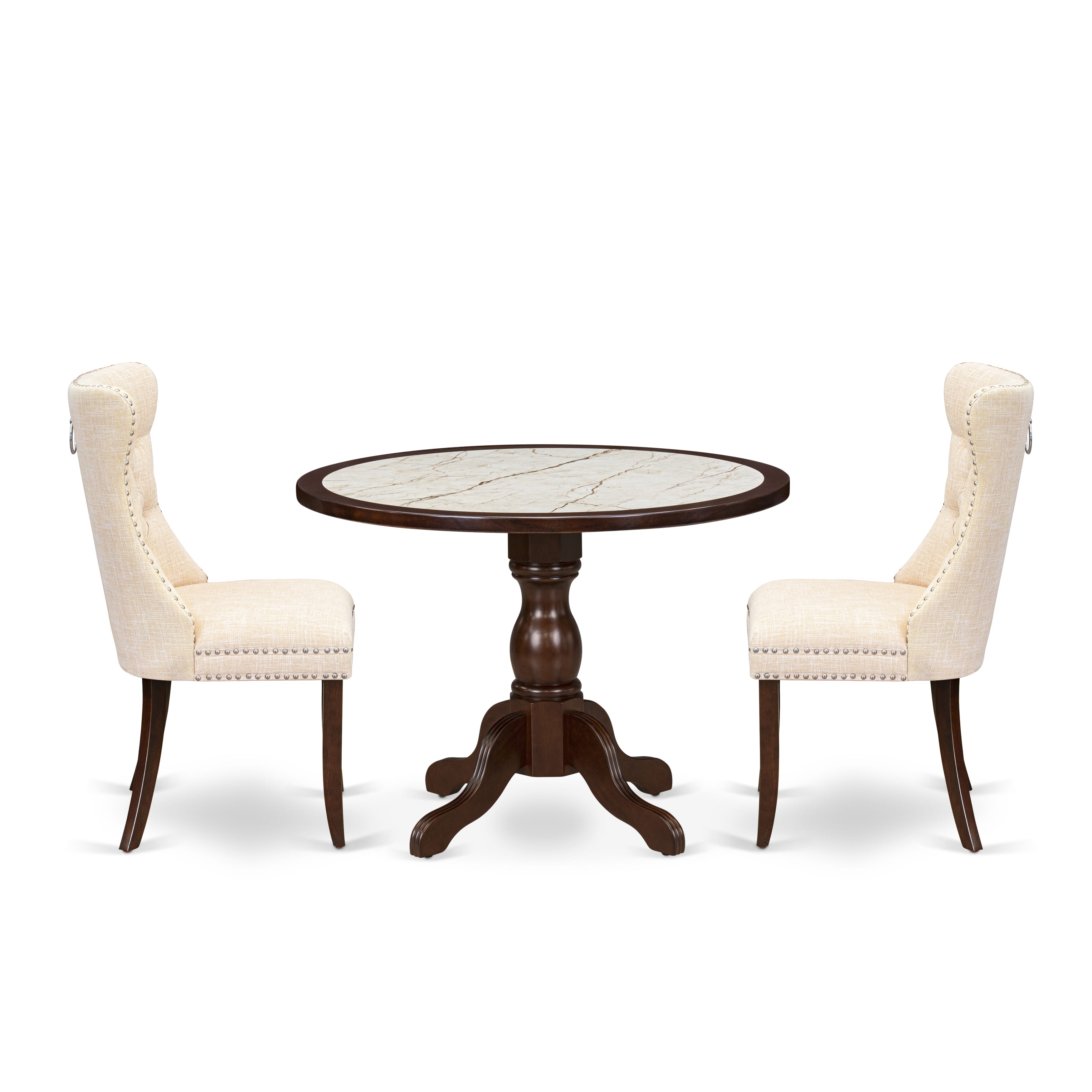 Luxe by East West Furniture 42DA3-307-32 3-piece kitchen dining set Consists a pedestal dining table and 2 Button Tufted Parsons chairs with Light Beige linen fabric, Mahogany finish.