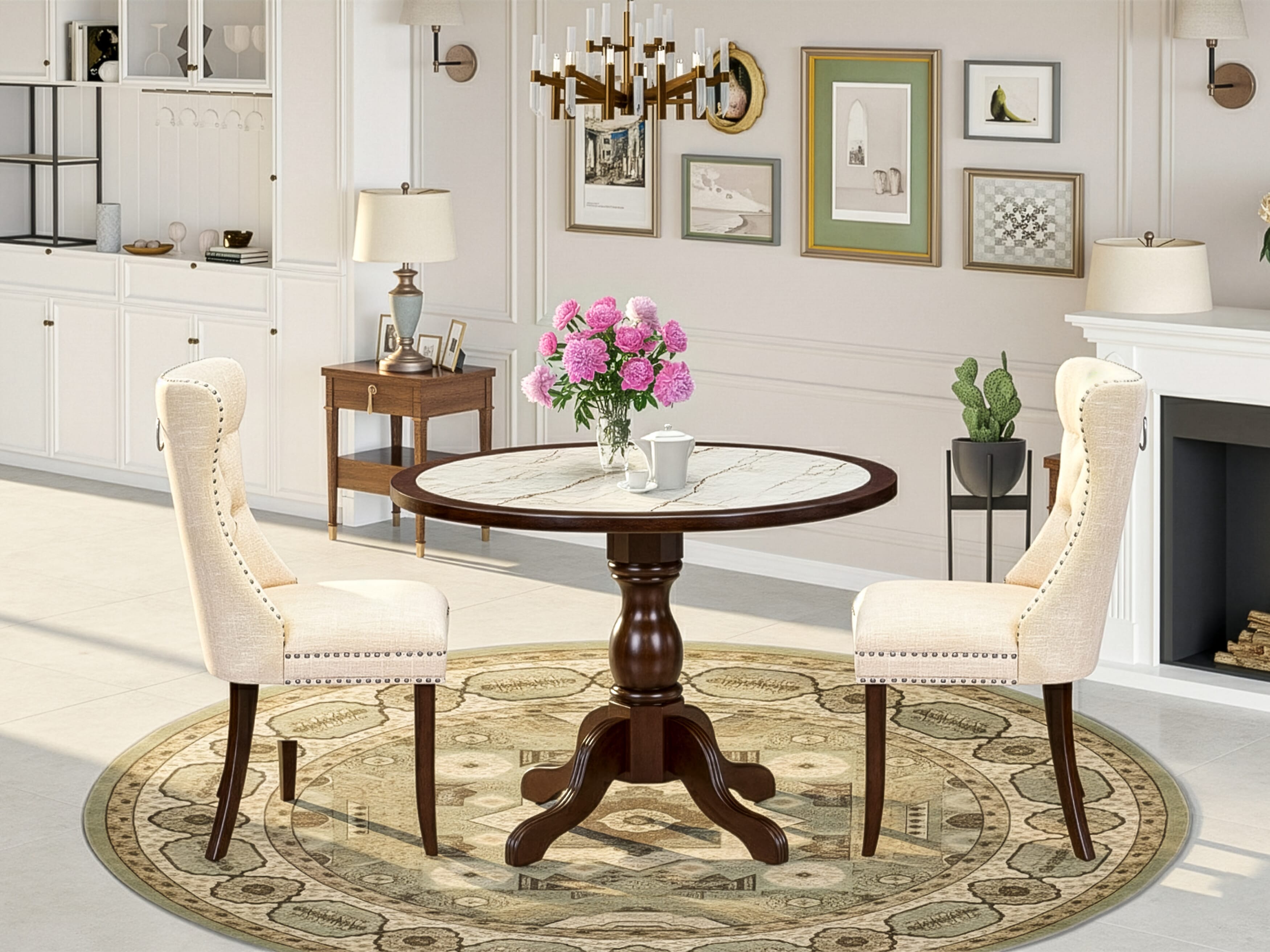 Luxe by East West Furniture 42DA3-307-32 3-piece kitchen dining set Consists a pedestal dining table and 2 Button Tufted Parsons chairs with Light Beige linen fabric, Mahogany finish.