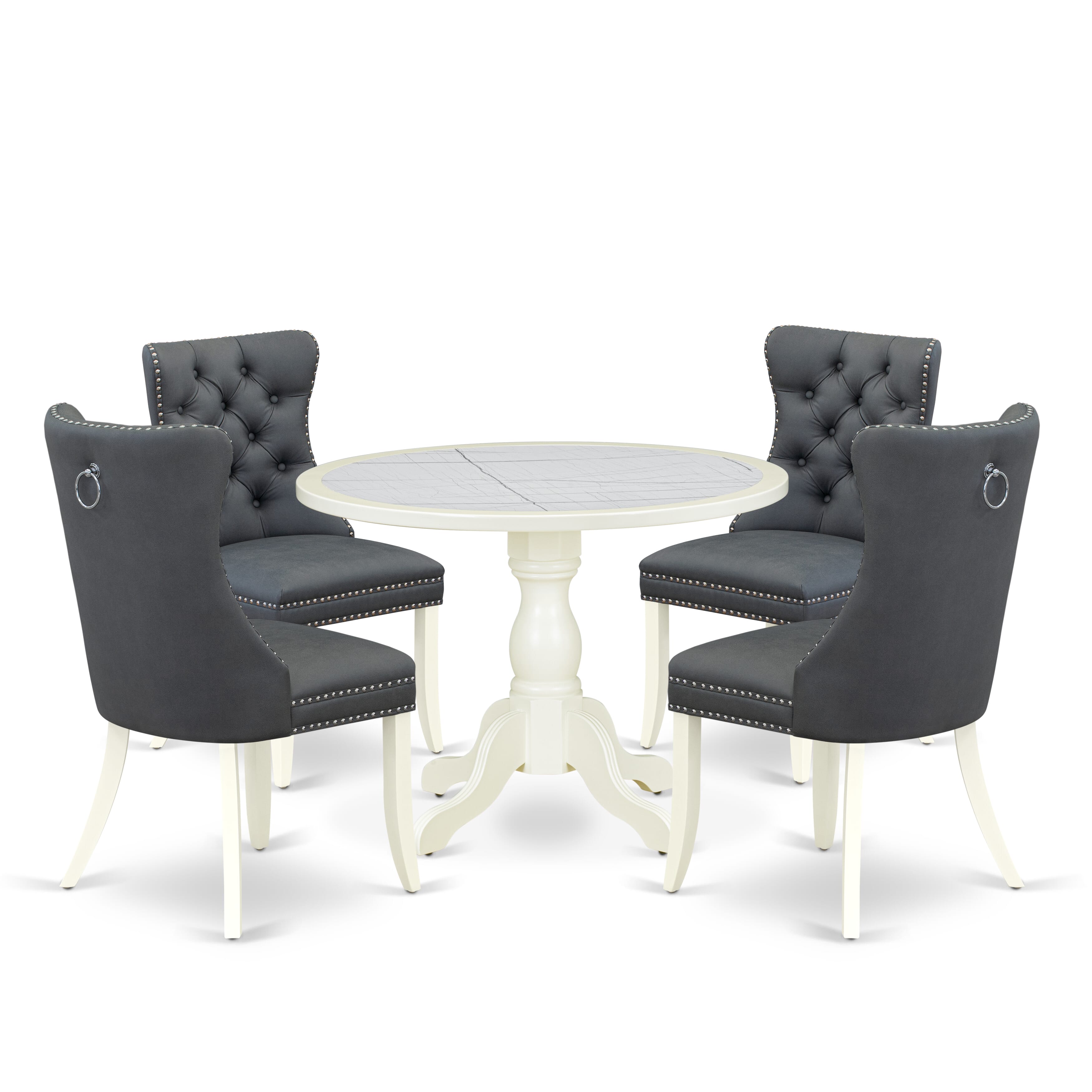 Luxe by East West Furniture 42DA5-208-13 -5 pc Mid-Century Modern Dining Set consists of a Round Table and 4 Platinum Gray Faux Leather Dinner chairs with Button Tufted Back - Linen White