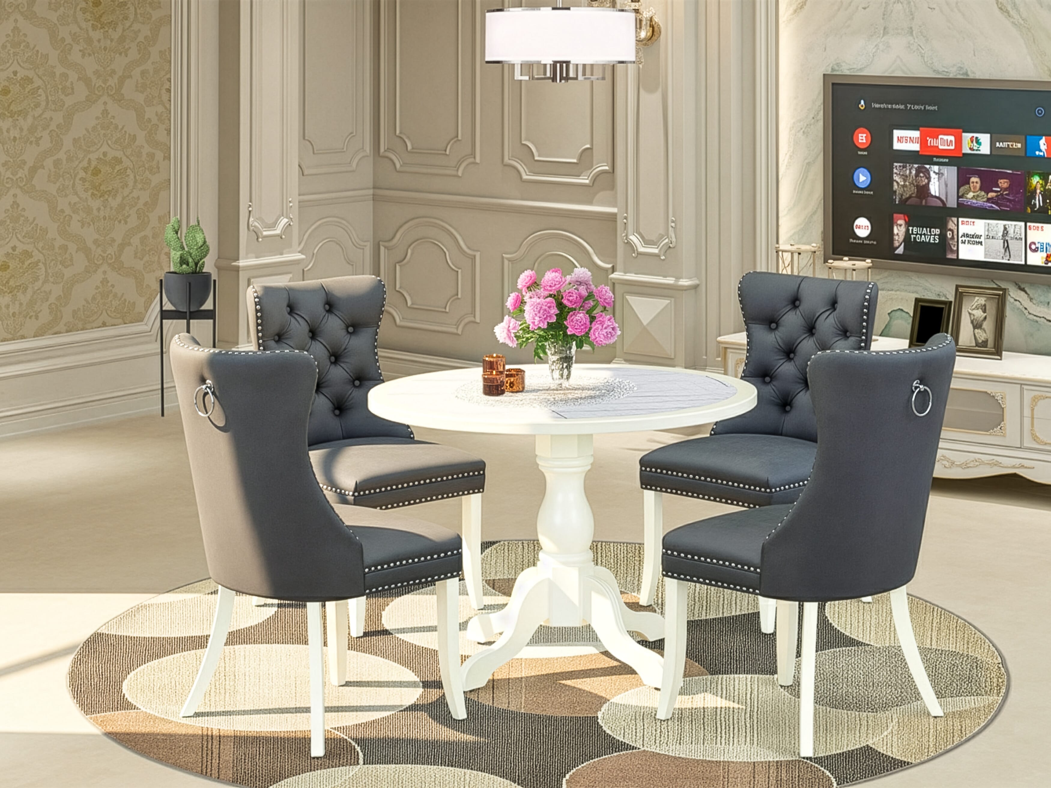 Luxe by East West Furniture 42DA5-208-13 -5 pc Mid-Century Modern Dining Set consists of a Round Table and 4 Platinum Gray Faux Leather Dinner chairs with Button Tufted Back - Linen White